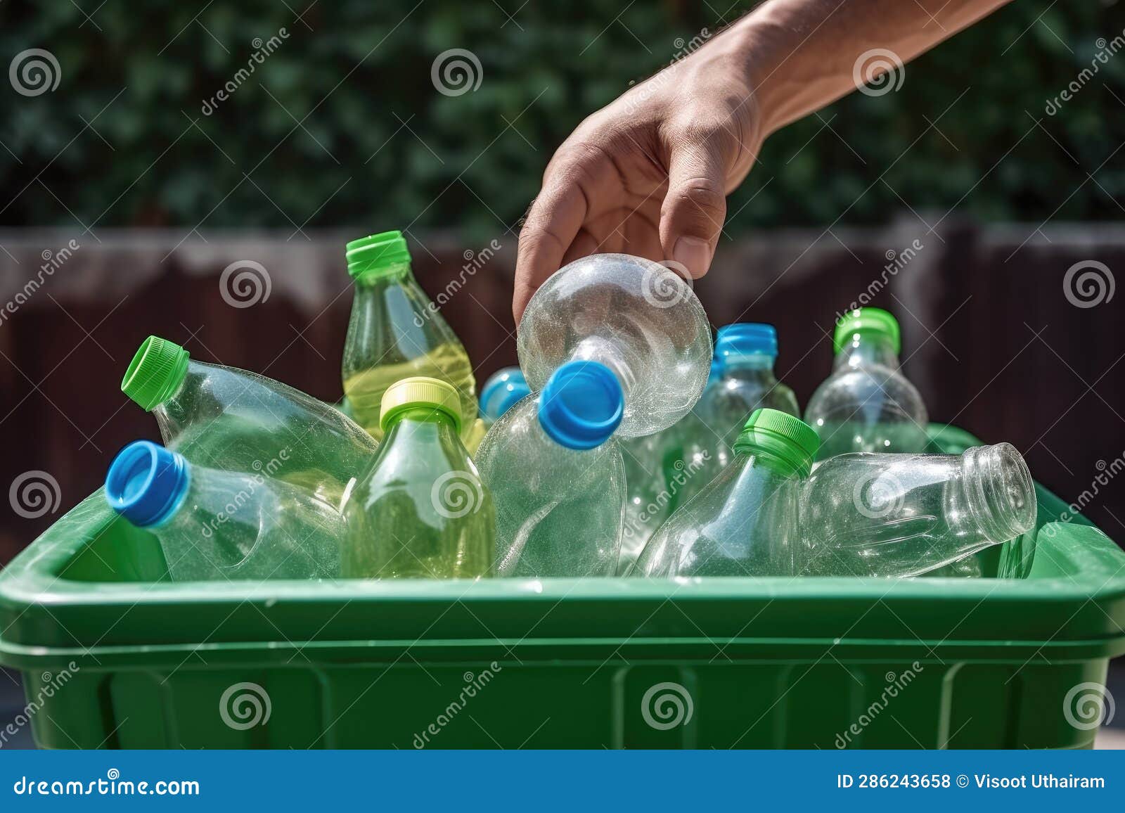 Man Hand Putting Plastic Bottle in Rubbish Bin for Recycling Stock