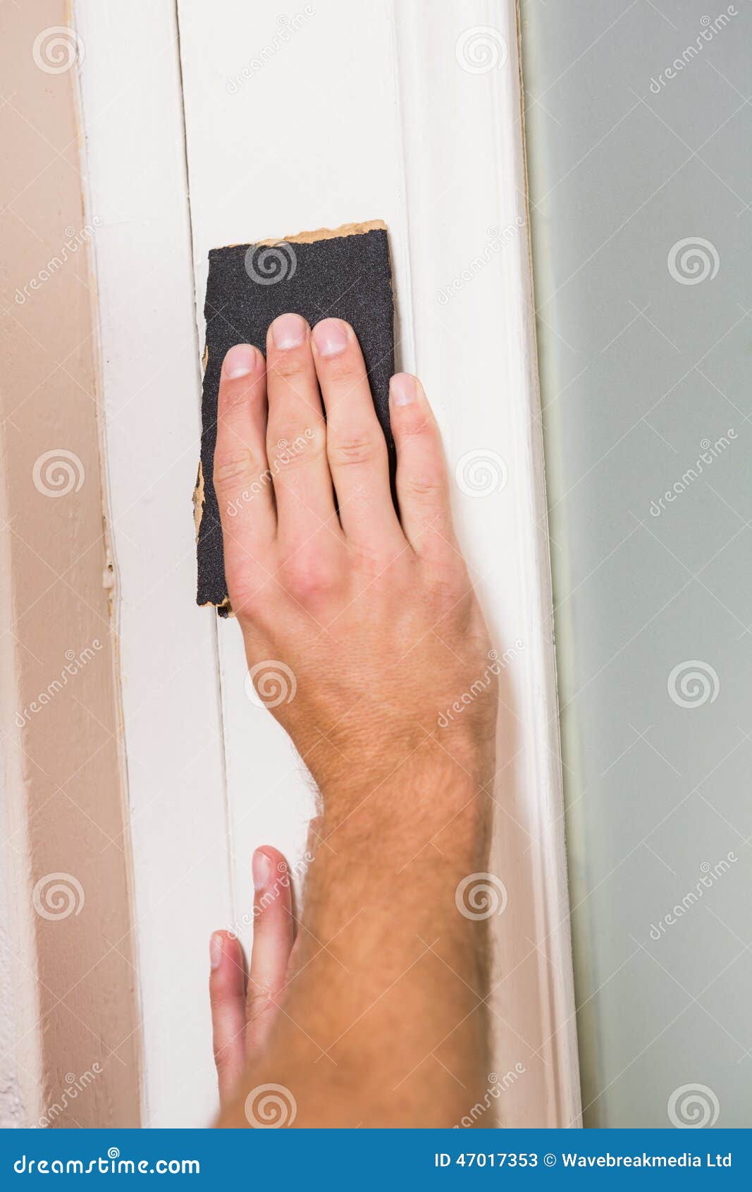 Man Hand Sanding the Door before Refinishing Stock Image Image of