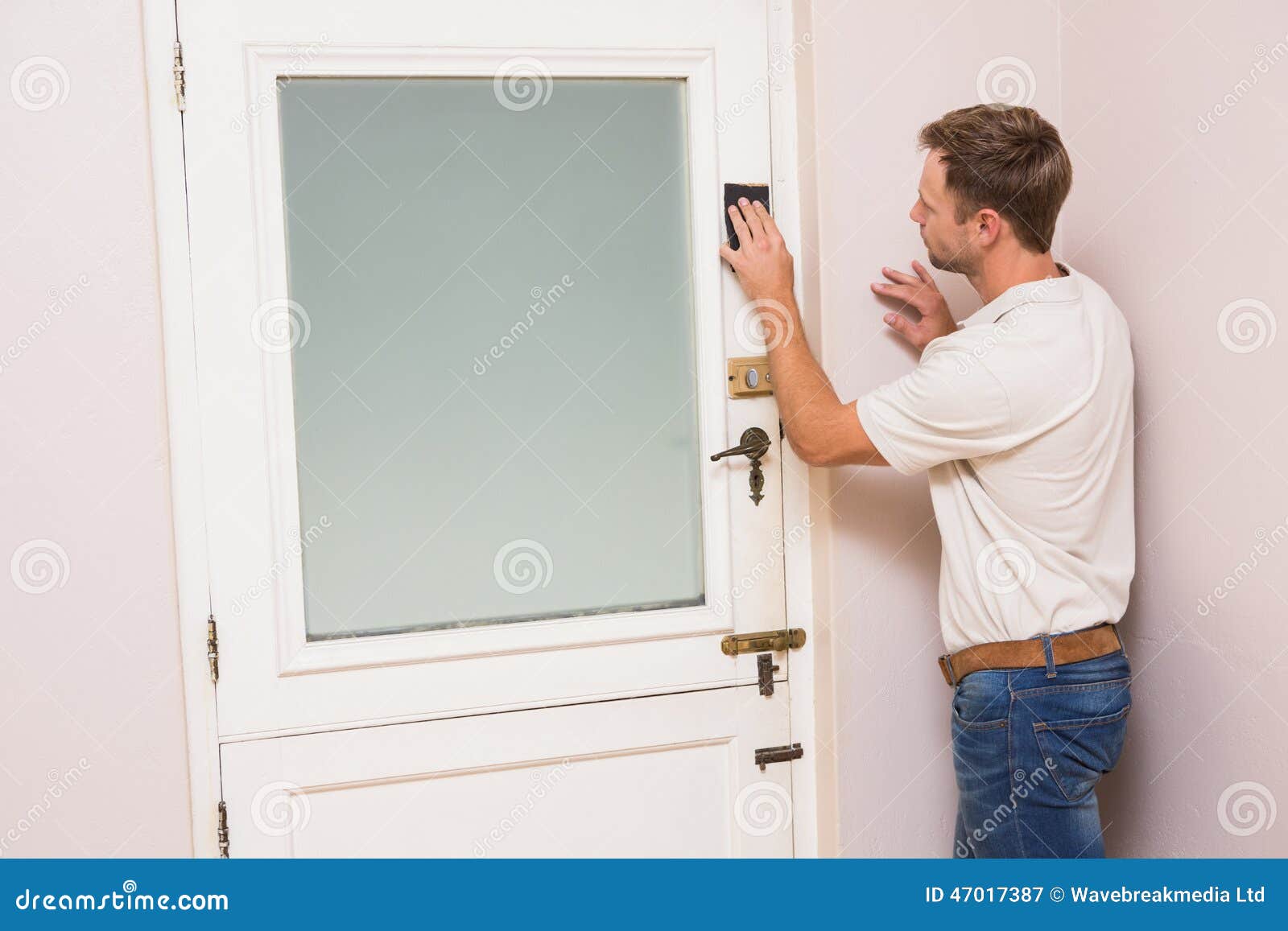 Man Hand Sanding the Door before Refinishing Stock Image Image of