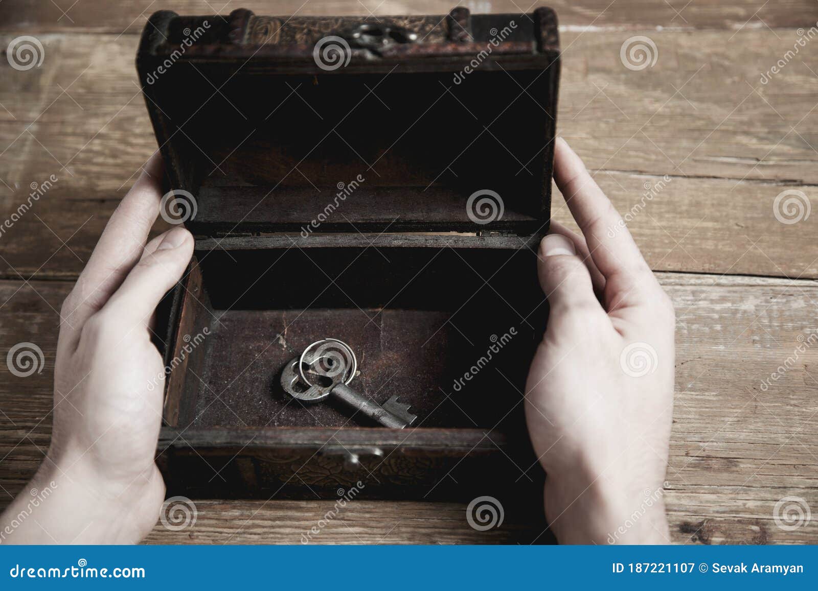 Man Hand Wooden Box and Key Stock Image Image of retro, antique