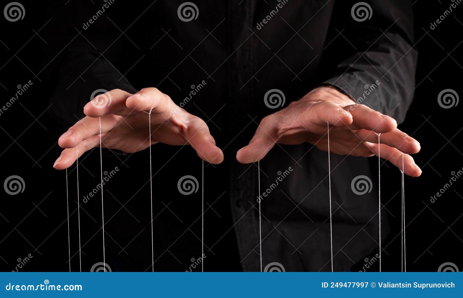 man hands with strings at fingers. manipulator controlling, exploiting person, showing power in relationship, at work