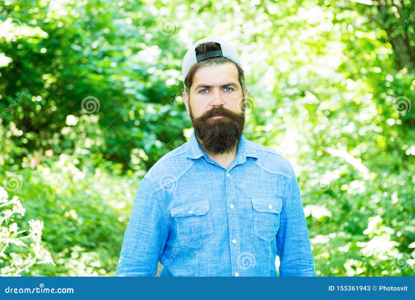 Man Handsome Bearded Guy in Sunny Forest. United with Environment. Go ...