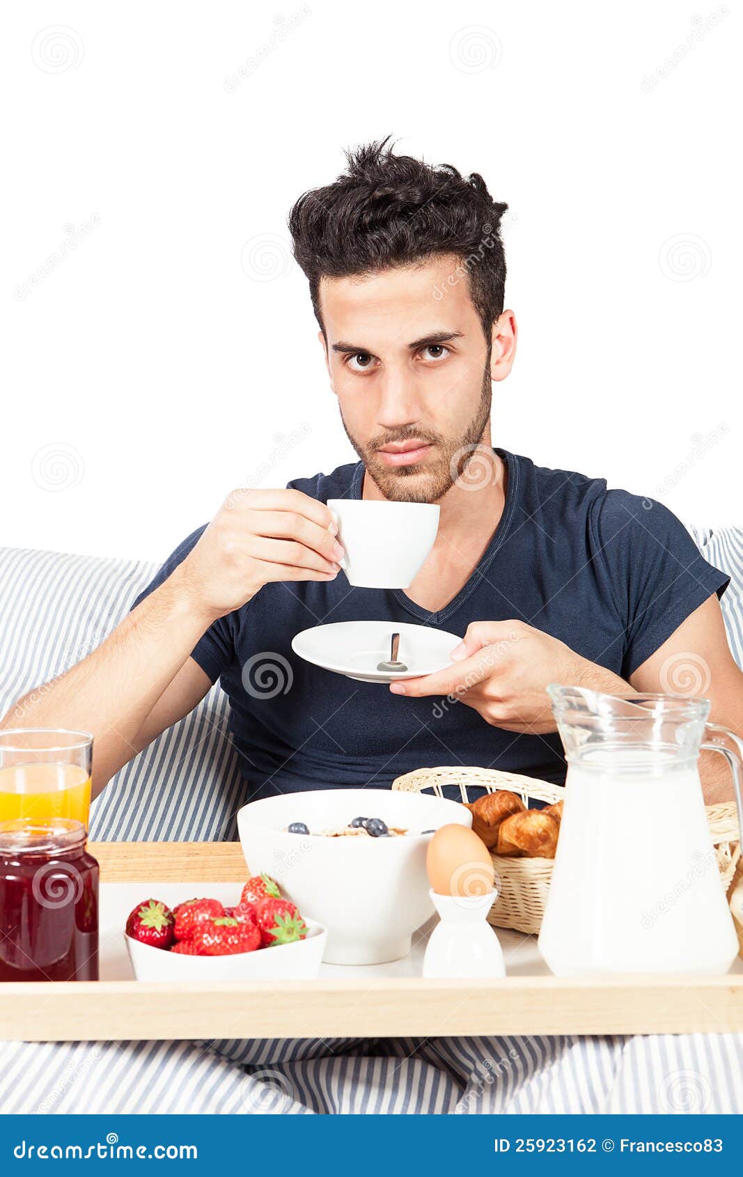 Man is Having Breakfast in the Bed Stock Photo Image of message, seed