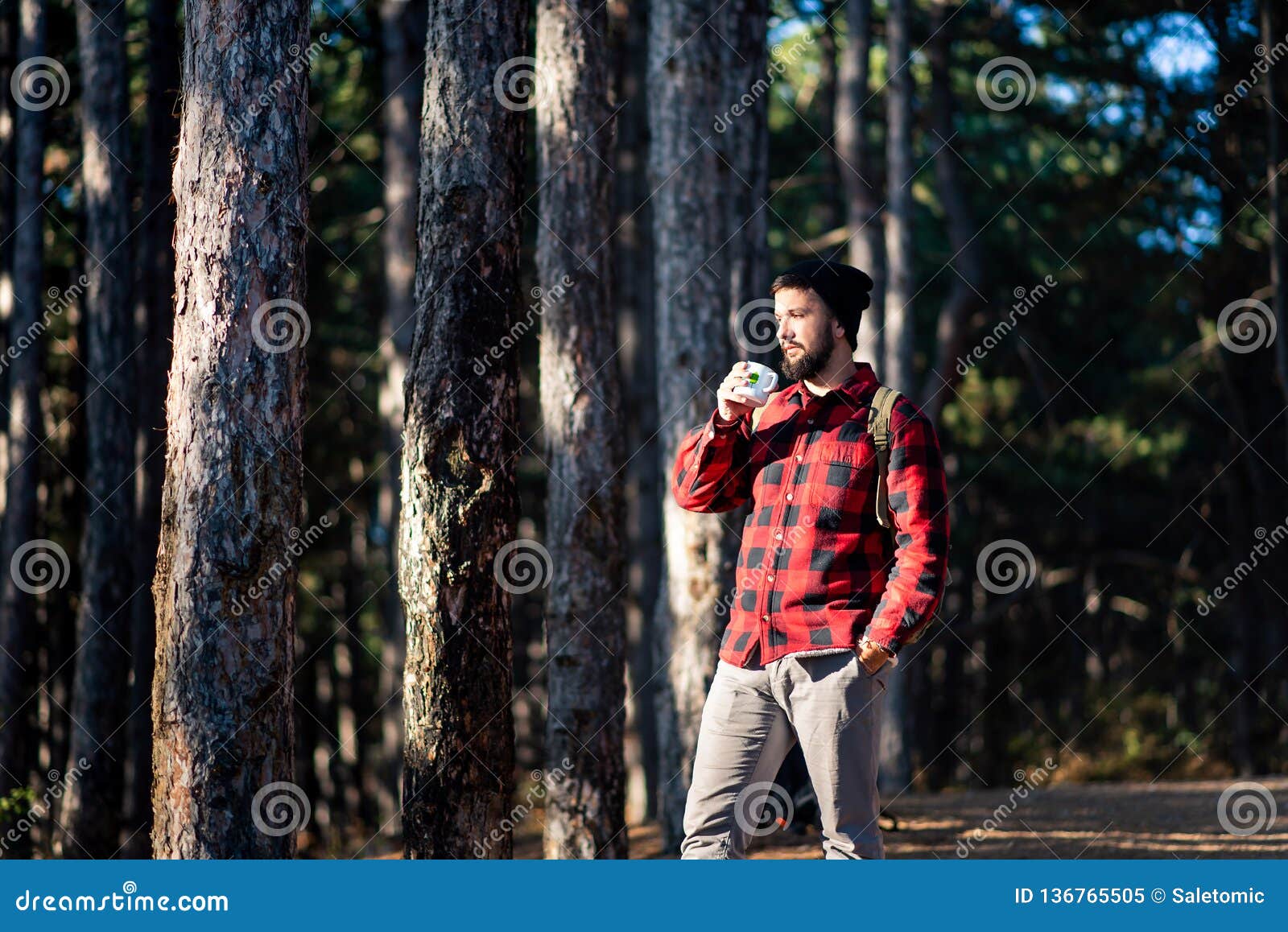 Man Having Cup of Coffee in the Woods Stock Image Image of nature