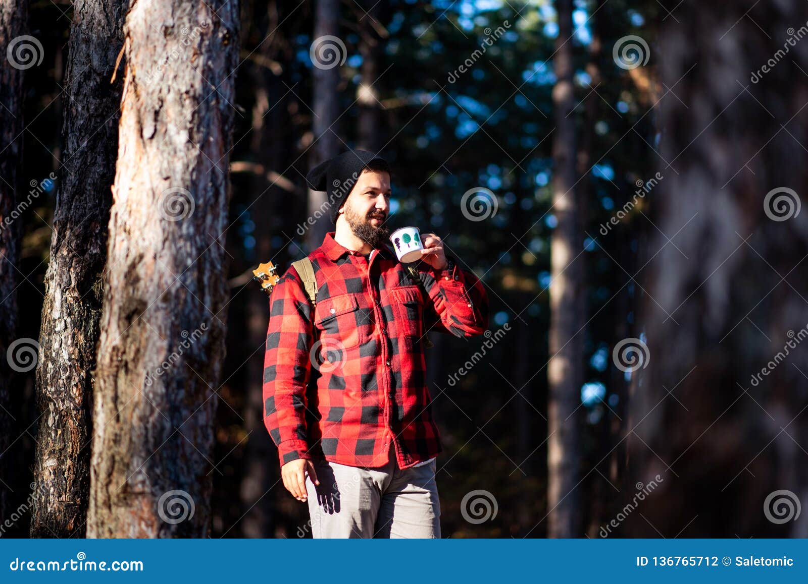Man Having Cup of Coffee in the Woods Stock Photo Image of cheerful