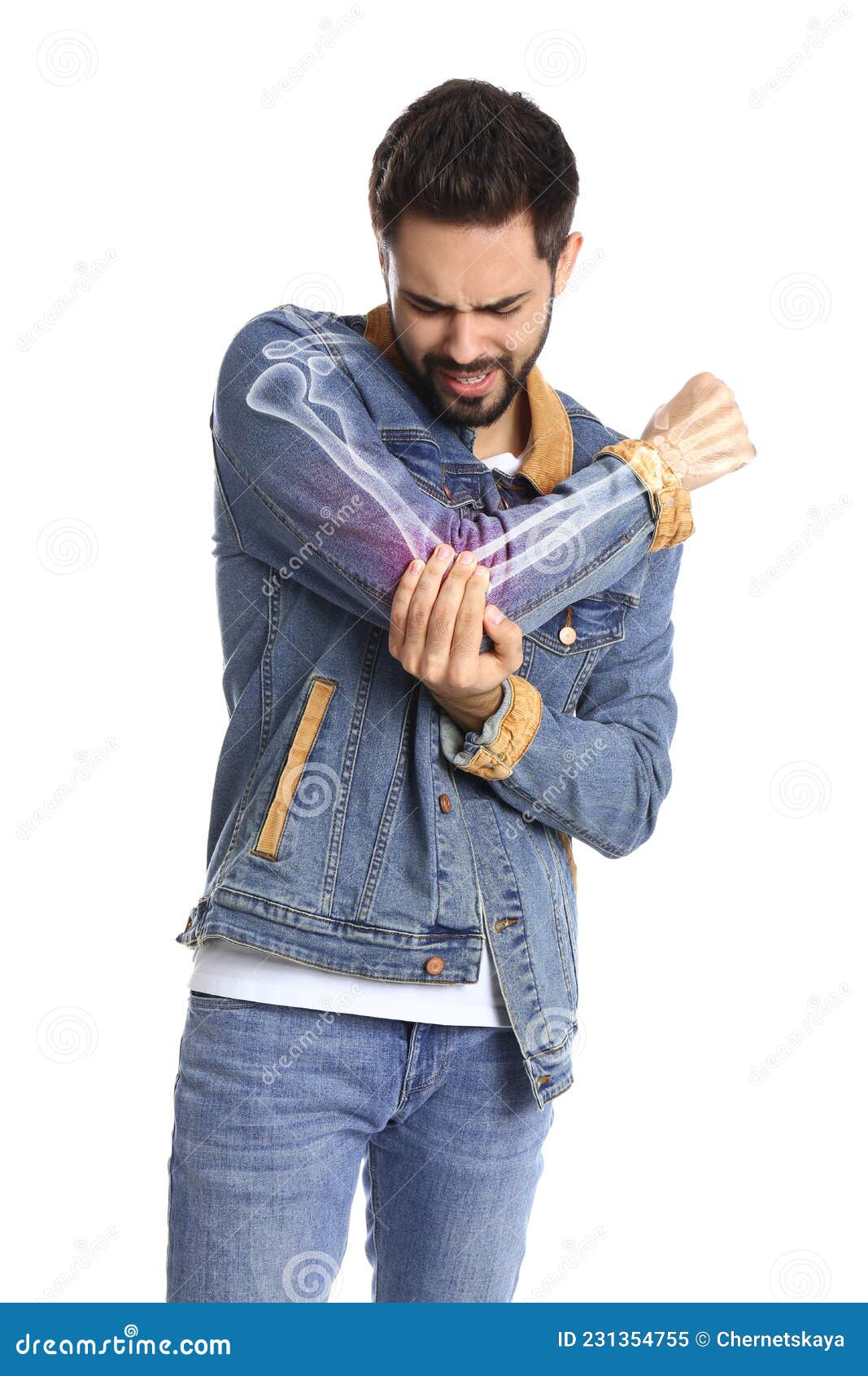 man having elbow pain on white background. digital compositing with  of arm bones