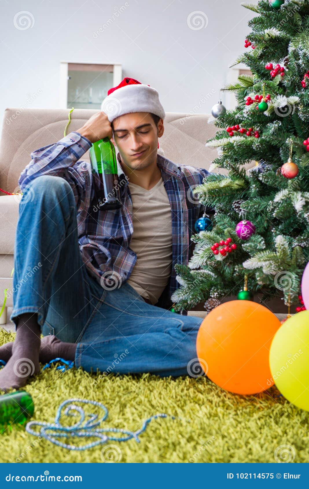 The Man Having Hangover after Christmas Party Stock Image Image of