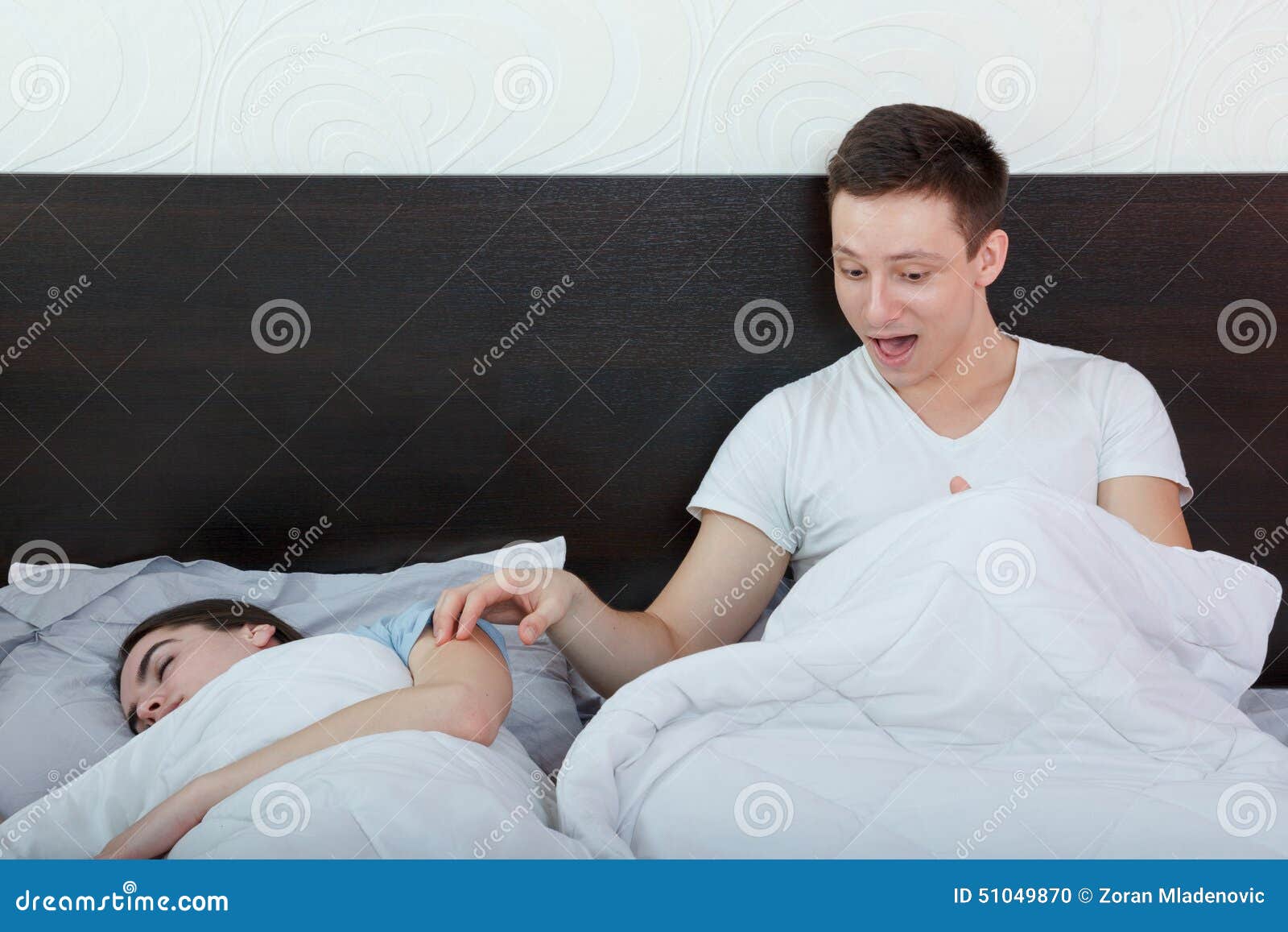 Man Having Problem with Impotence Sitting on Bed Waking Up His Stock Photo 