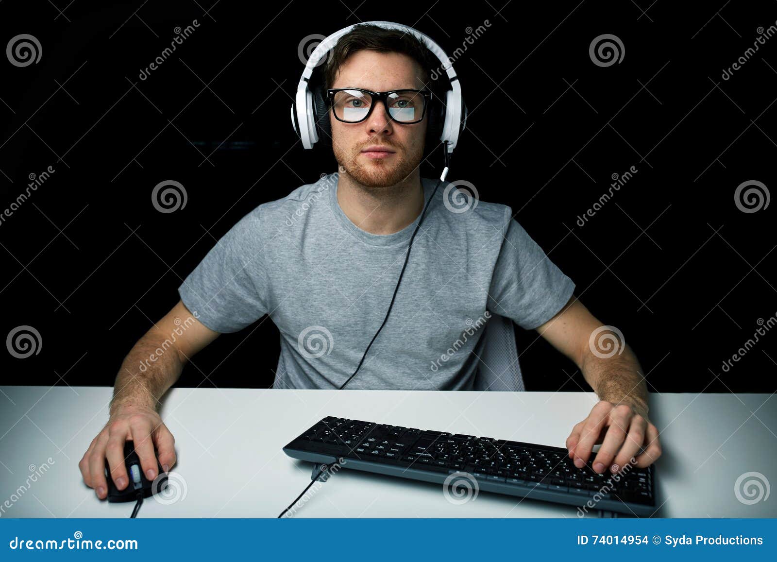 Man in Headset Playing Computer Video Game Stock Photo Image of