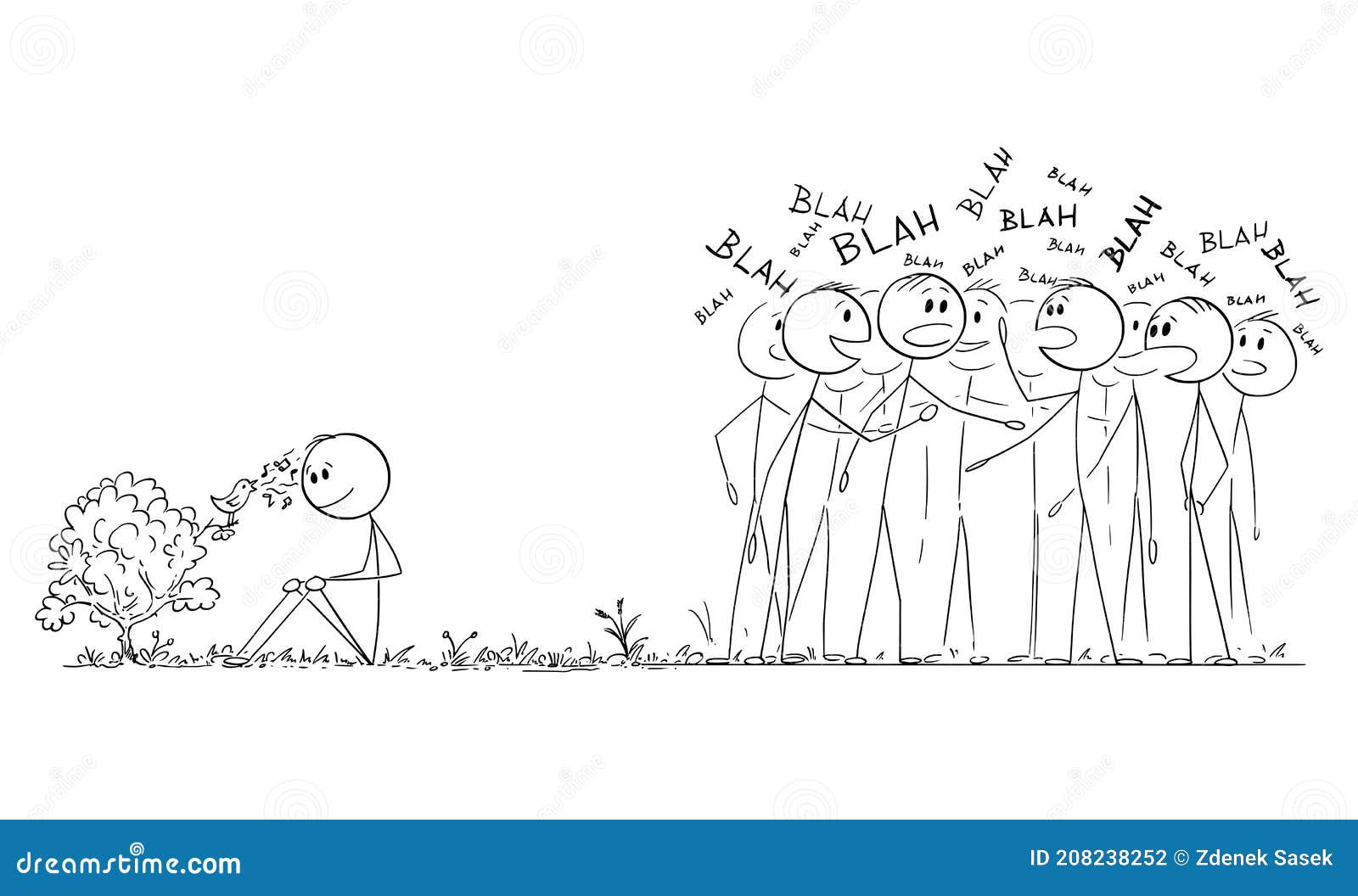 man is hearing singing bird while crowd is chattering and ignoring the nature,  cartoon stick figure 