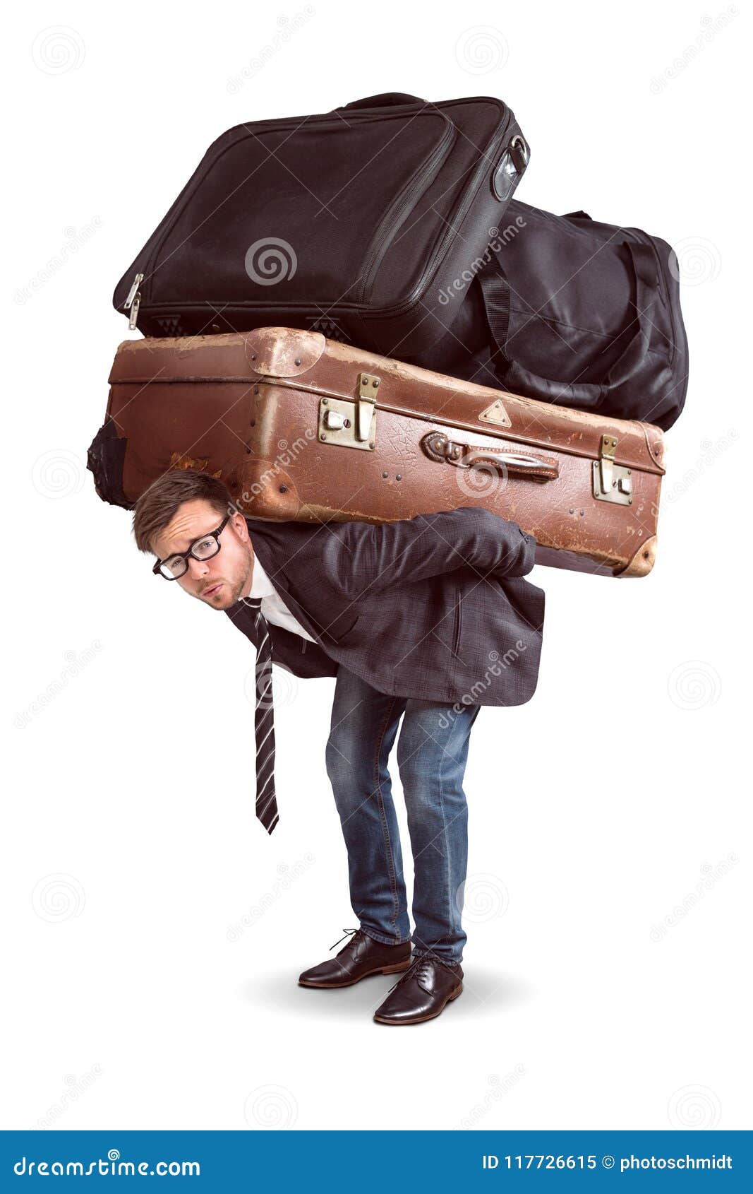 Man with heavy baggage stock image. Image of straining 117726615