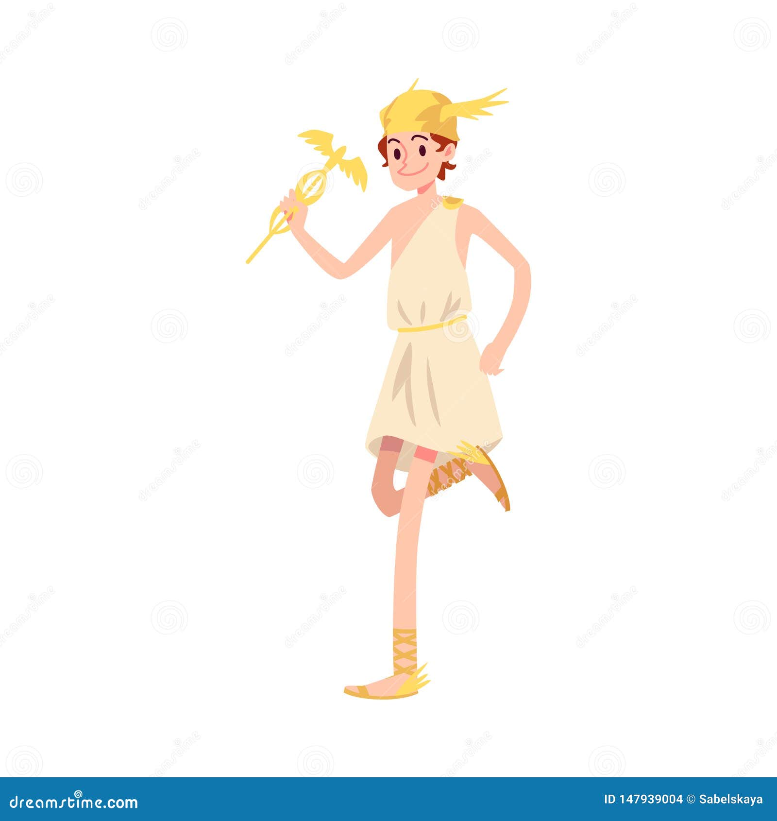 Man or Hermes Greek God Stands on One Leg Holding Caduceus Rod Cartoon ...