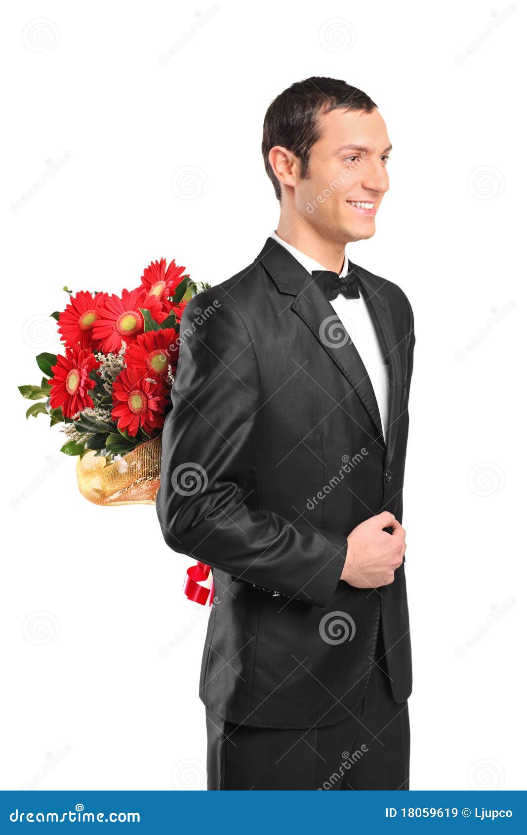 Man Hiding A Bouquet Of Flowers Behind His Back Stock Image - Image of ...