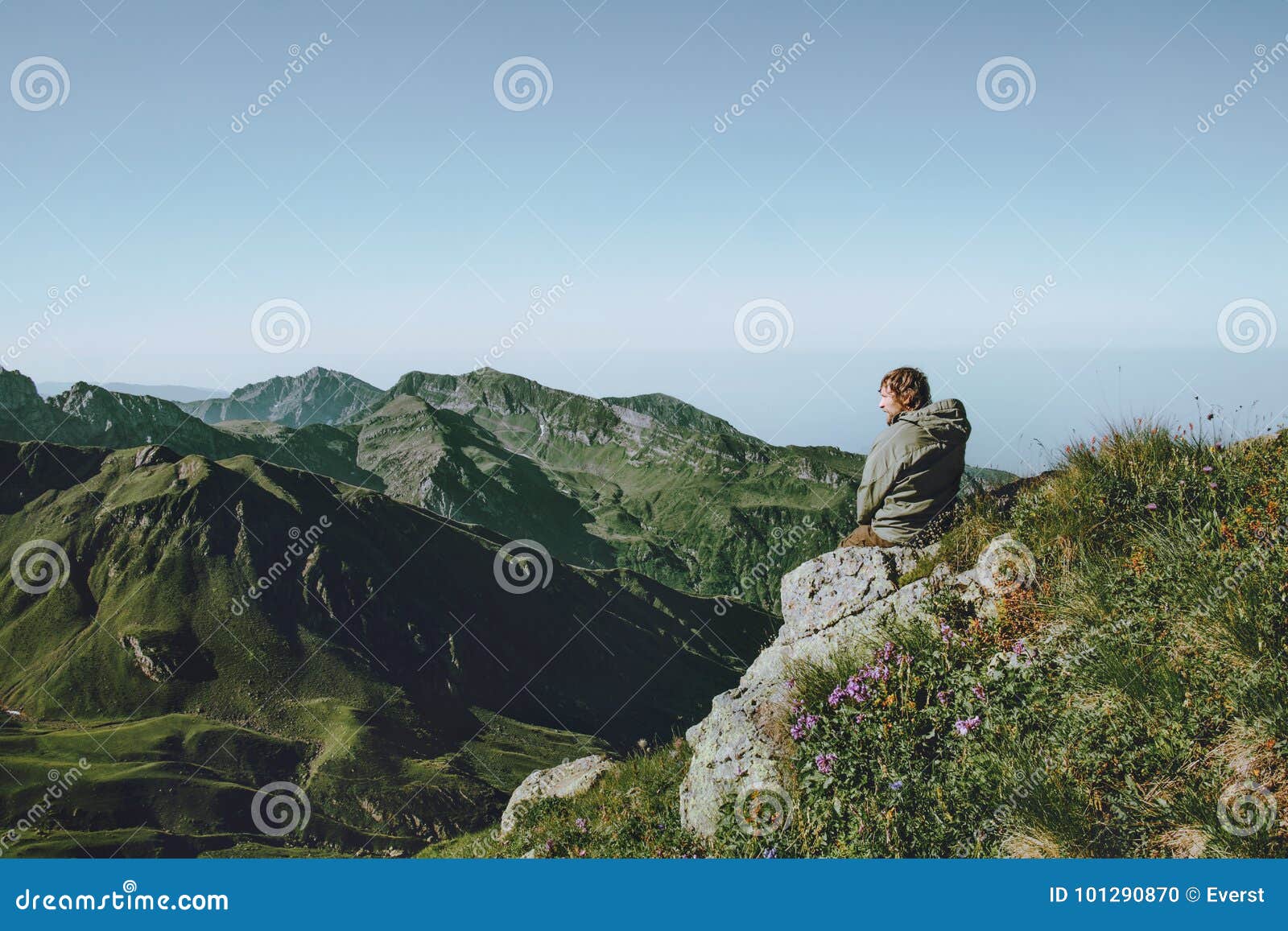 Man Hiker Alone at Mountains Enjoying Landscape Stock Photo - Image of ...