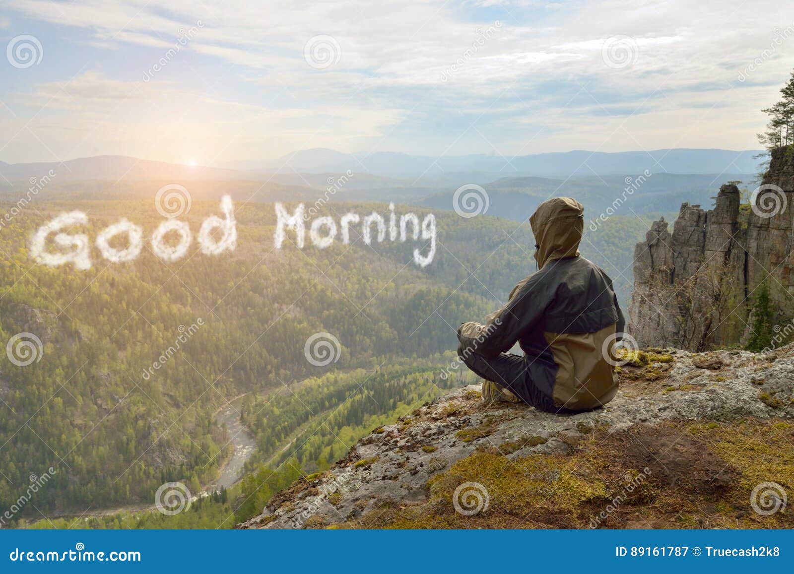 Man Hiker Sitting on Top of Mountain Meeting Sunrise, Good Morning ...