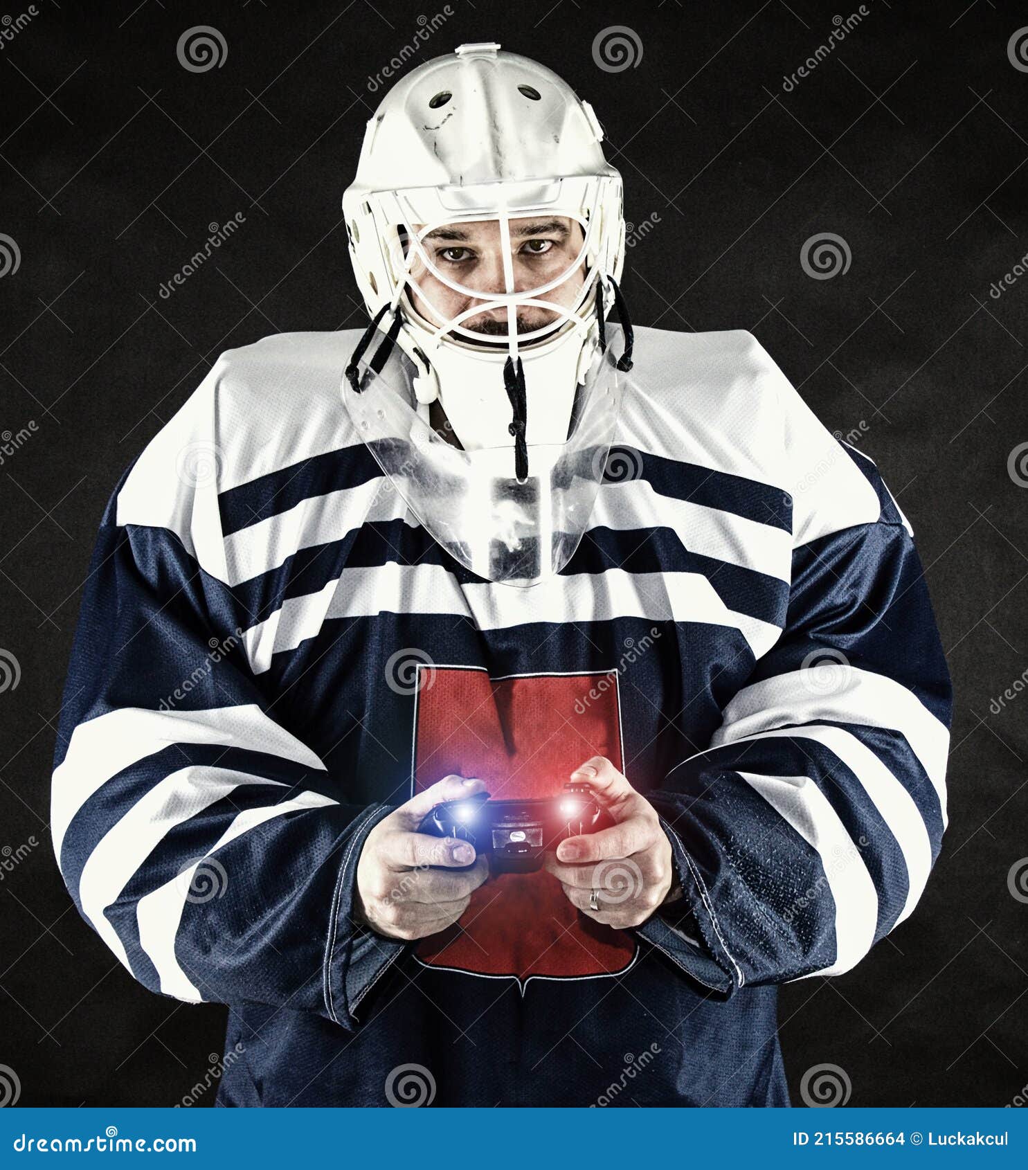 Hockey Goalie in Complete Hockey Outfit Sitting on Office Chair. Above Him  are Lamps with a Light Bulb on. Stock Image - Image of dress, complete:  161355677