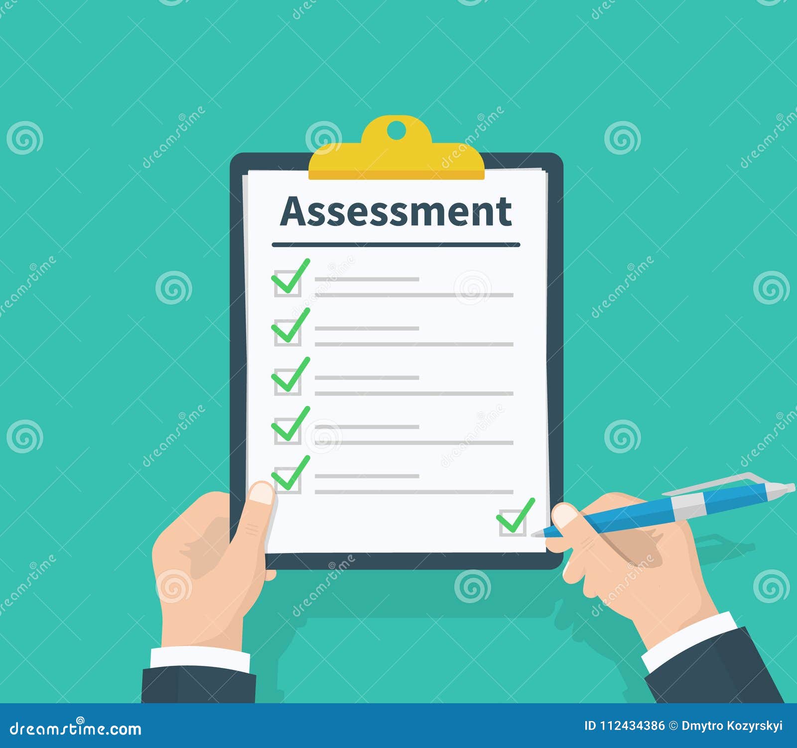man hold clipboard with assessment, green ticks checkmarks and pen. checklist, test complete tasks, to-do list, survey