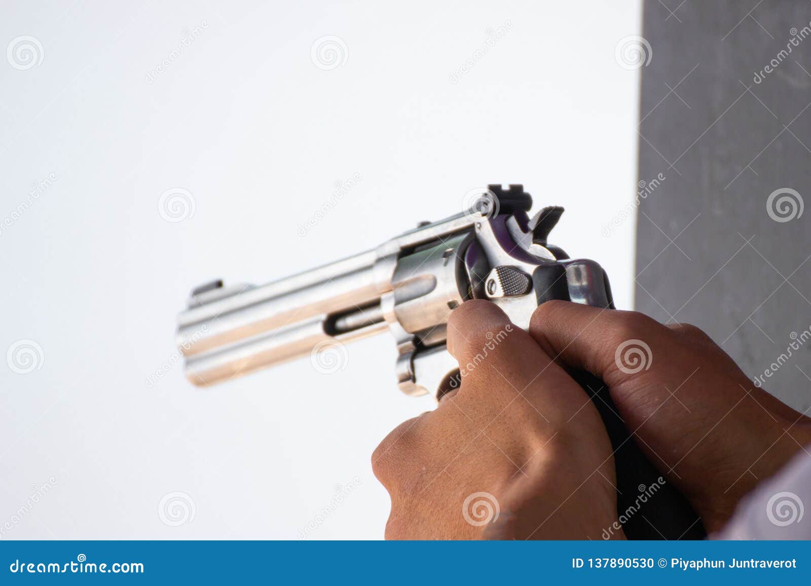 Man Hold A Gun Ready To Shoot Practicing Shooting Stock 