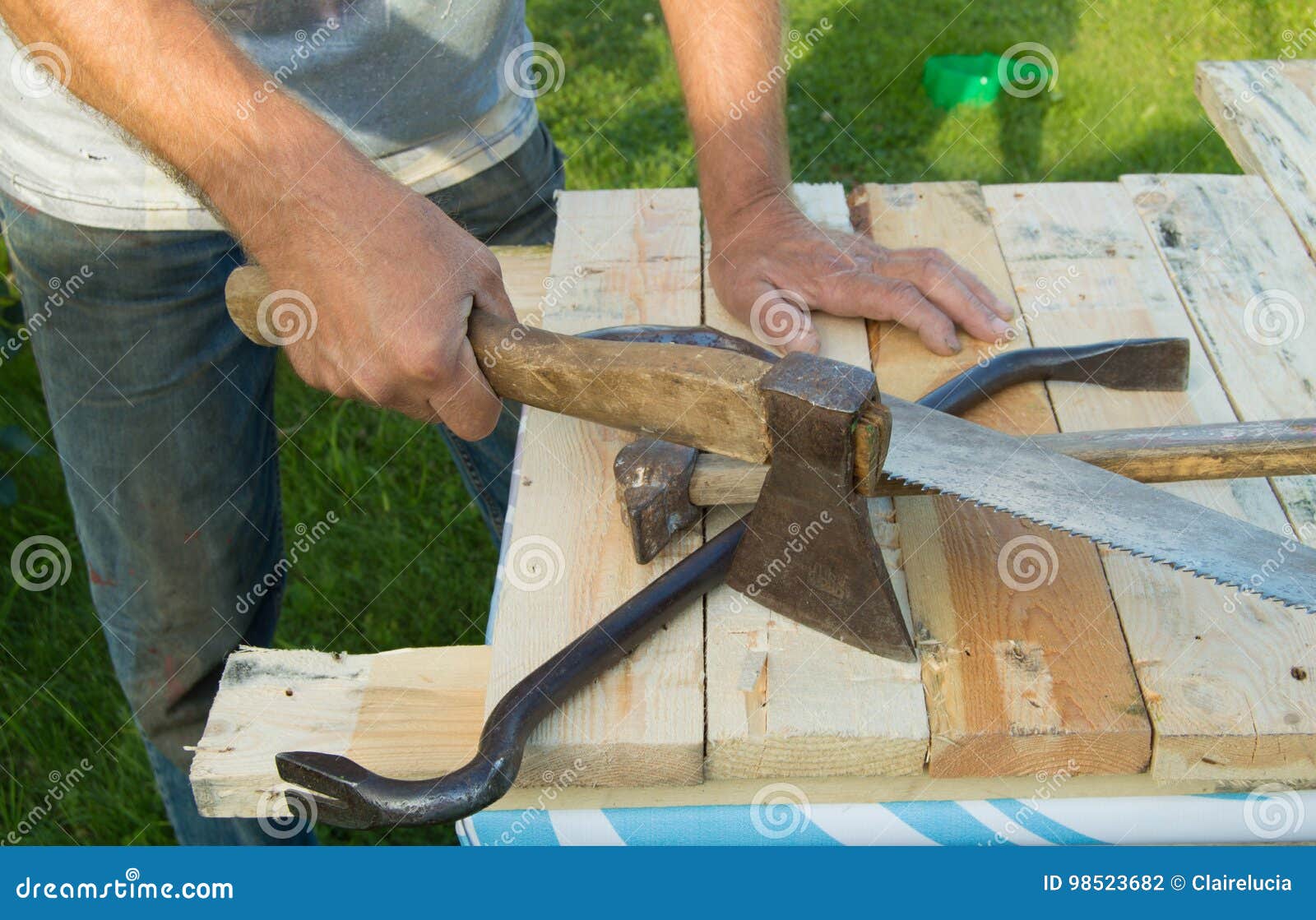 Man Holding the Axe, Working with Construction Tools in His Garden