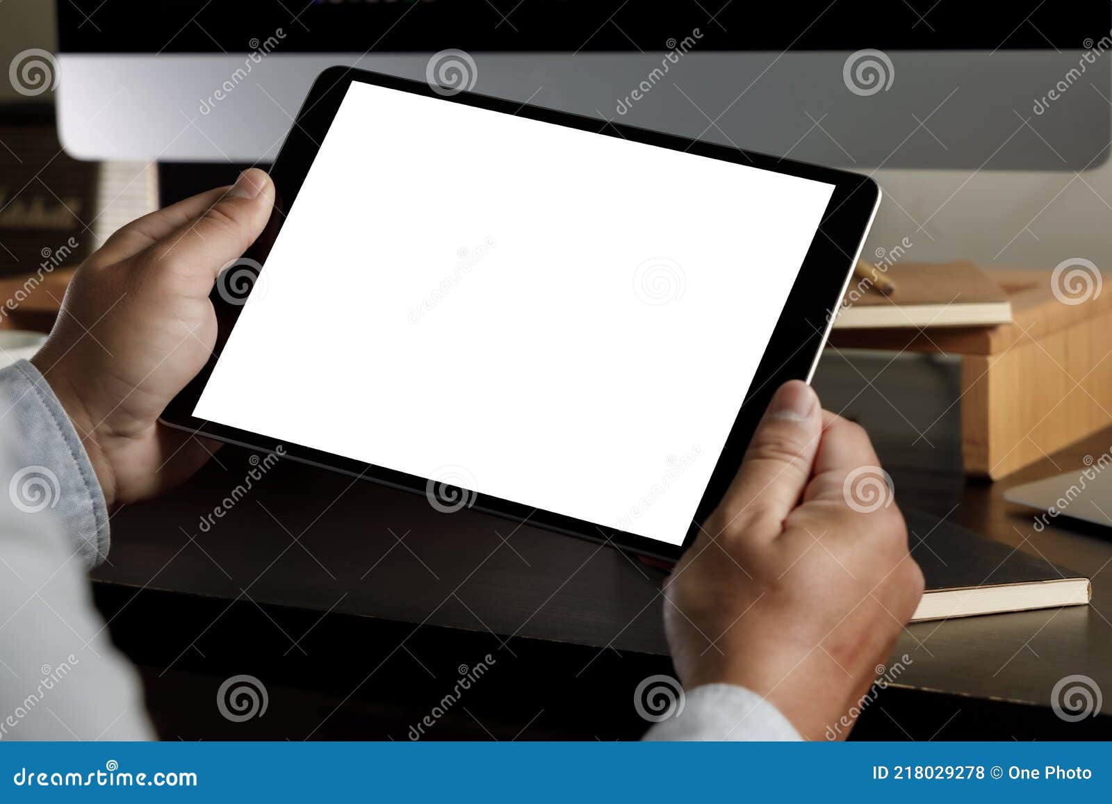 man holding blank screen tablet   close up of ipad.mock up tablet computer