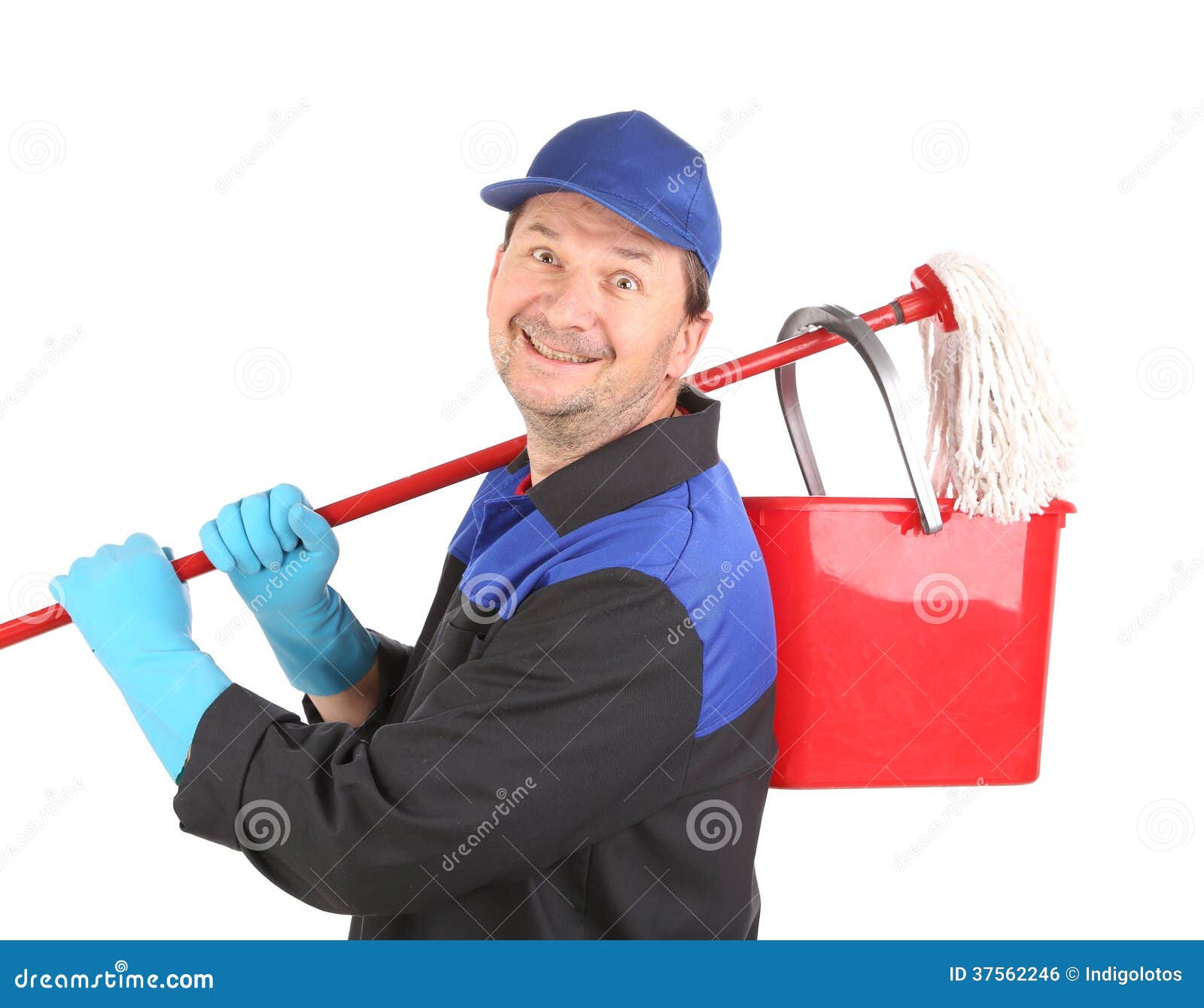Man Holding Broom and Bucket. Stock Photo Image of mopping