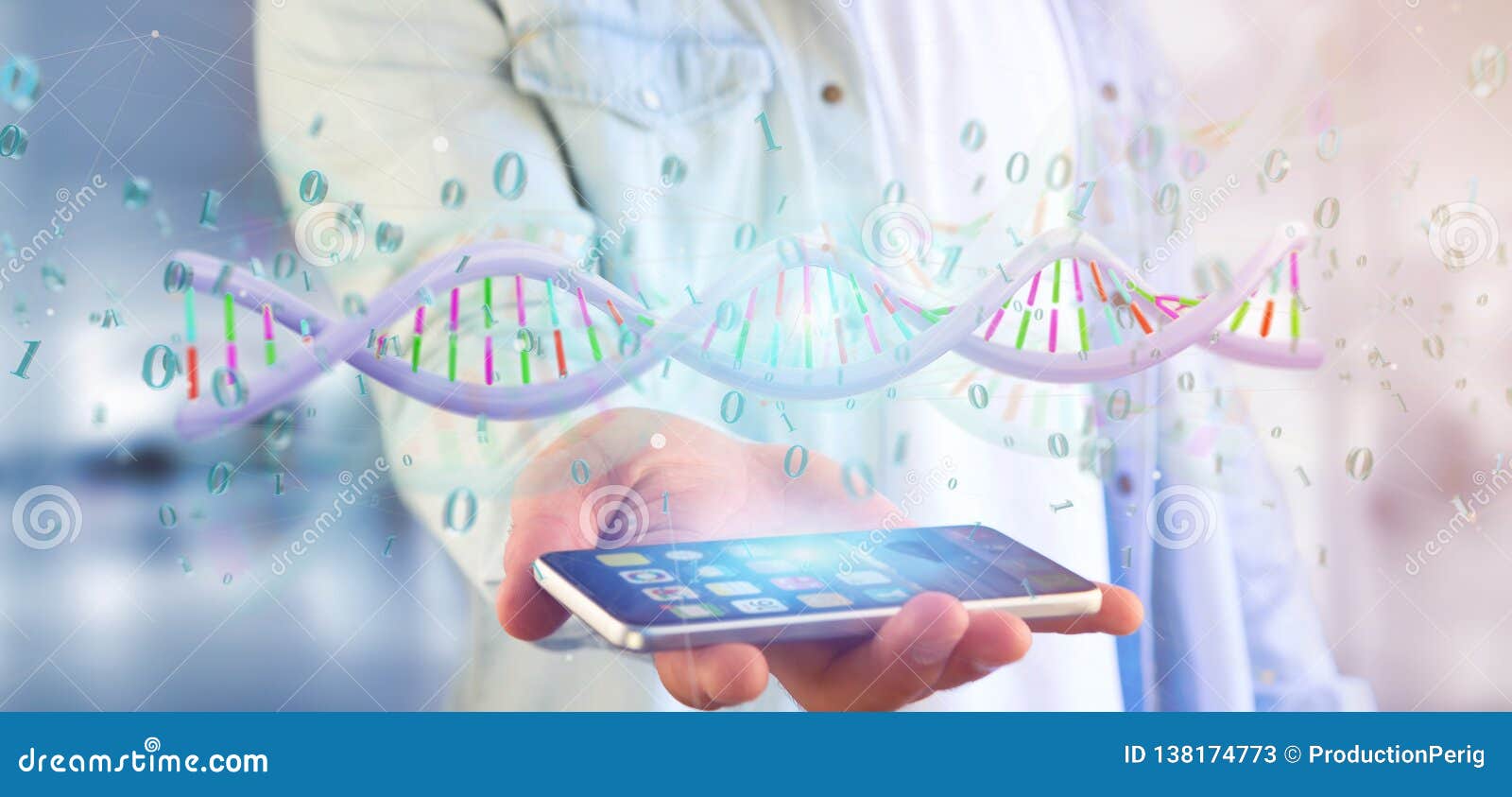 man holding a 3d rendering data coded dna with binary file around