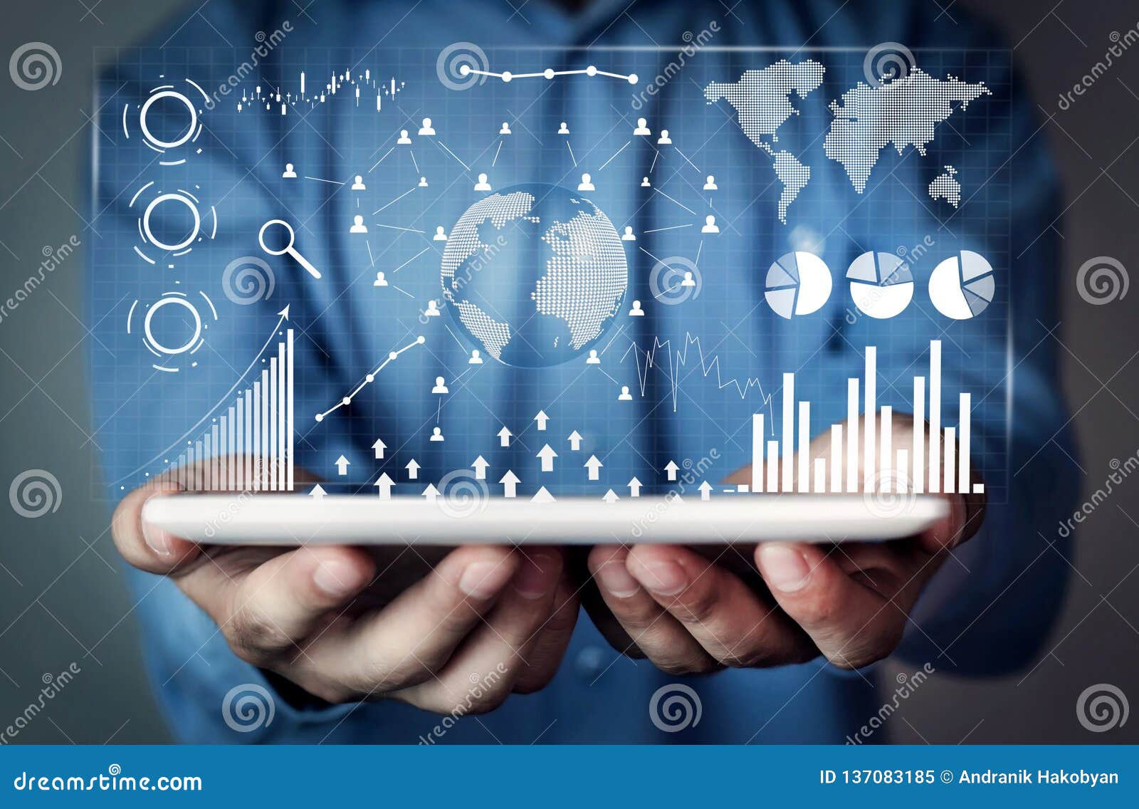 man holding digital tablet. financial statistics, business graphs, social network and connection. future and finance concept