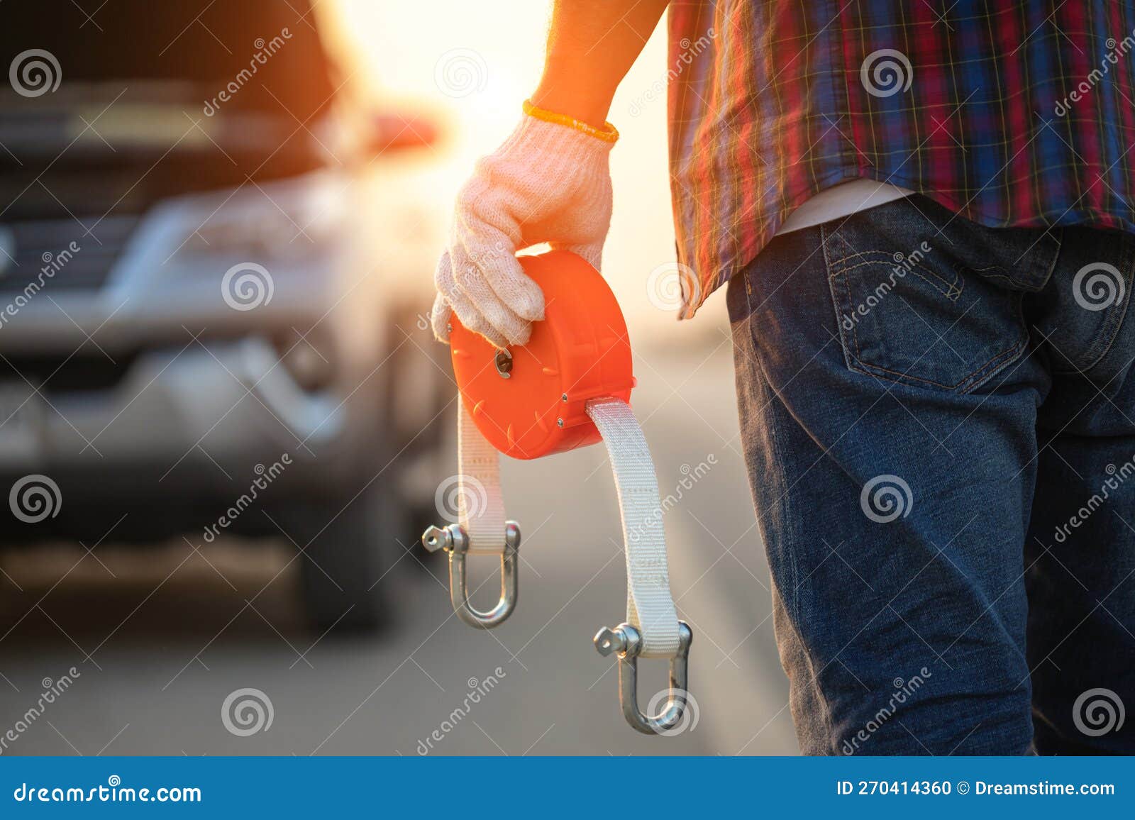 Man Holding Emergency Car Towing Line and Standing Infront of Car on ...