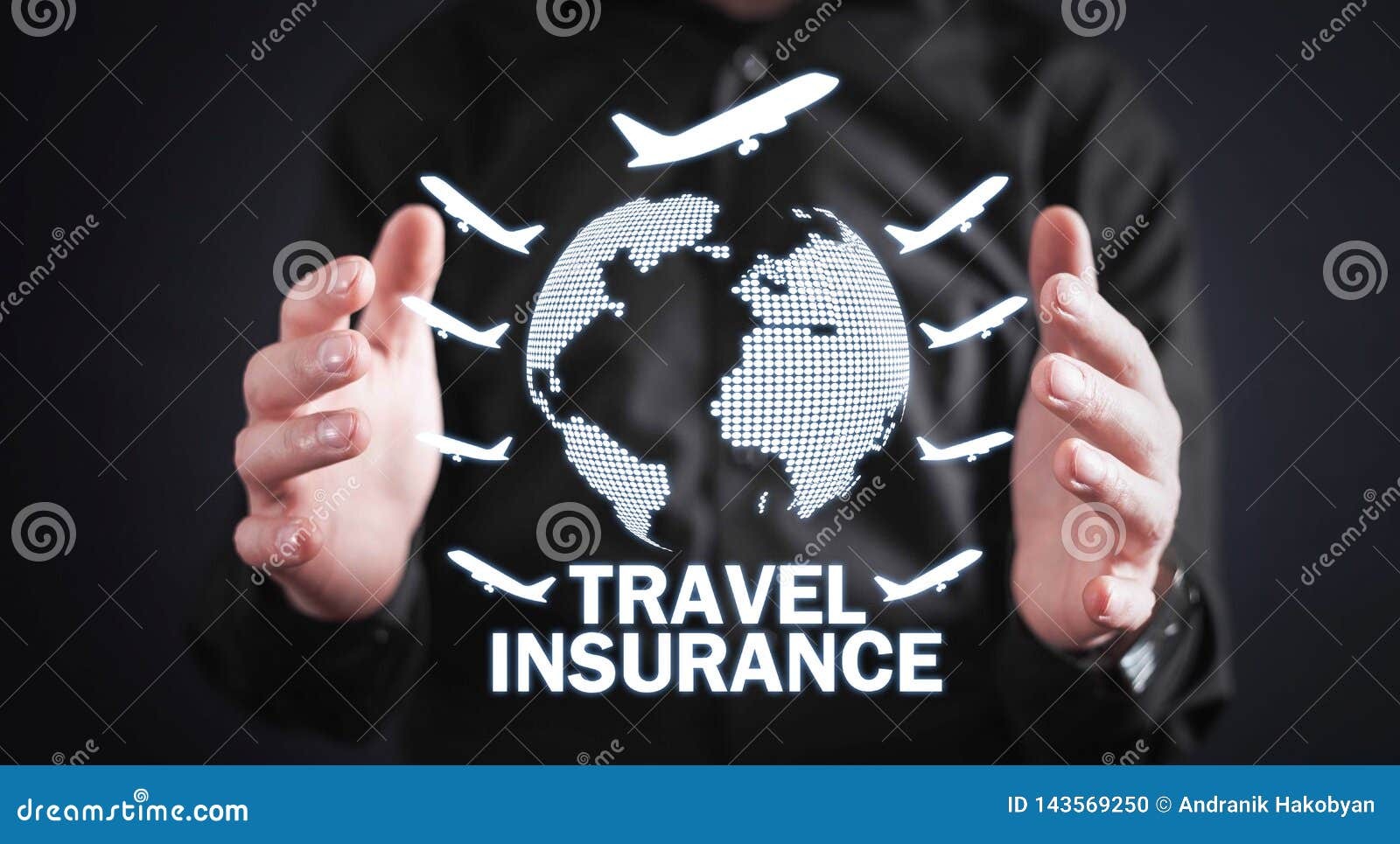 Man Holding Globe With Airplanes. Travel Insurance Stock Photo - Image of text, flight: 143569250
