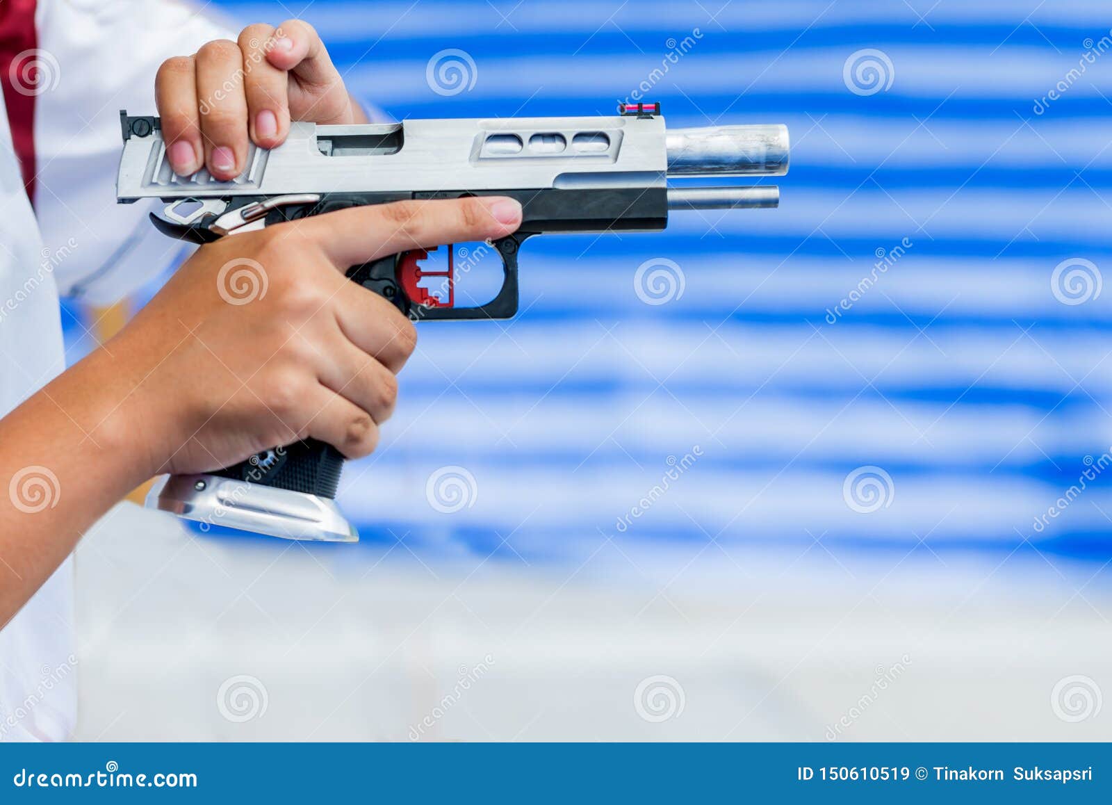 Man Hold A Gun Ready To Shoot Practicing Shooting Stock 