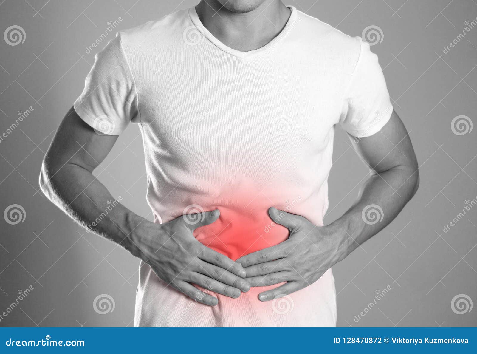 the man is holding his stomach. abdominal pain. the hearth is hi