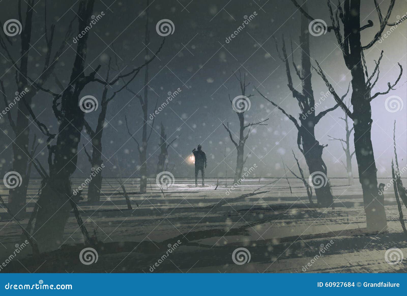 man holding lantern stands in dark forest with fog