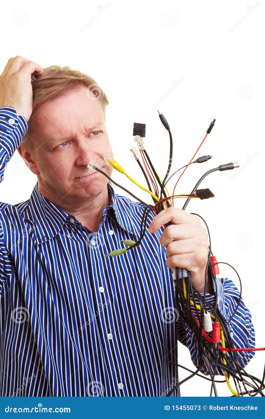 Man Holding Many Different Cables Stock Image Image of frustrated
