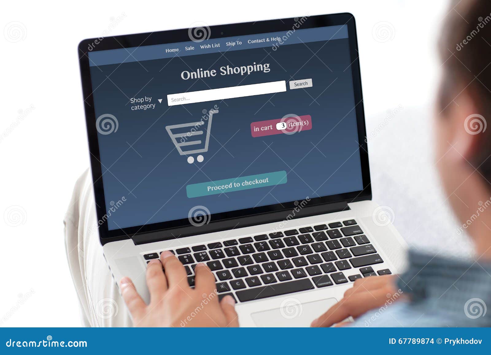 Man Holding Notebook with Online Shopping on the Screen Stock Photo