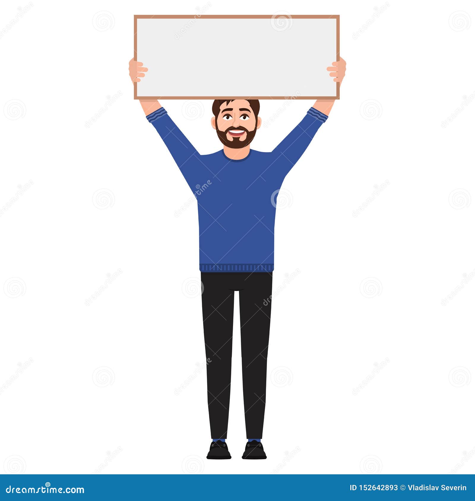 Man Holding a Poster, Character Shows Empty White Frame Stock