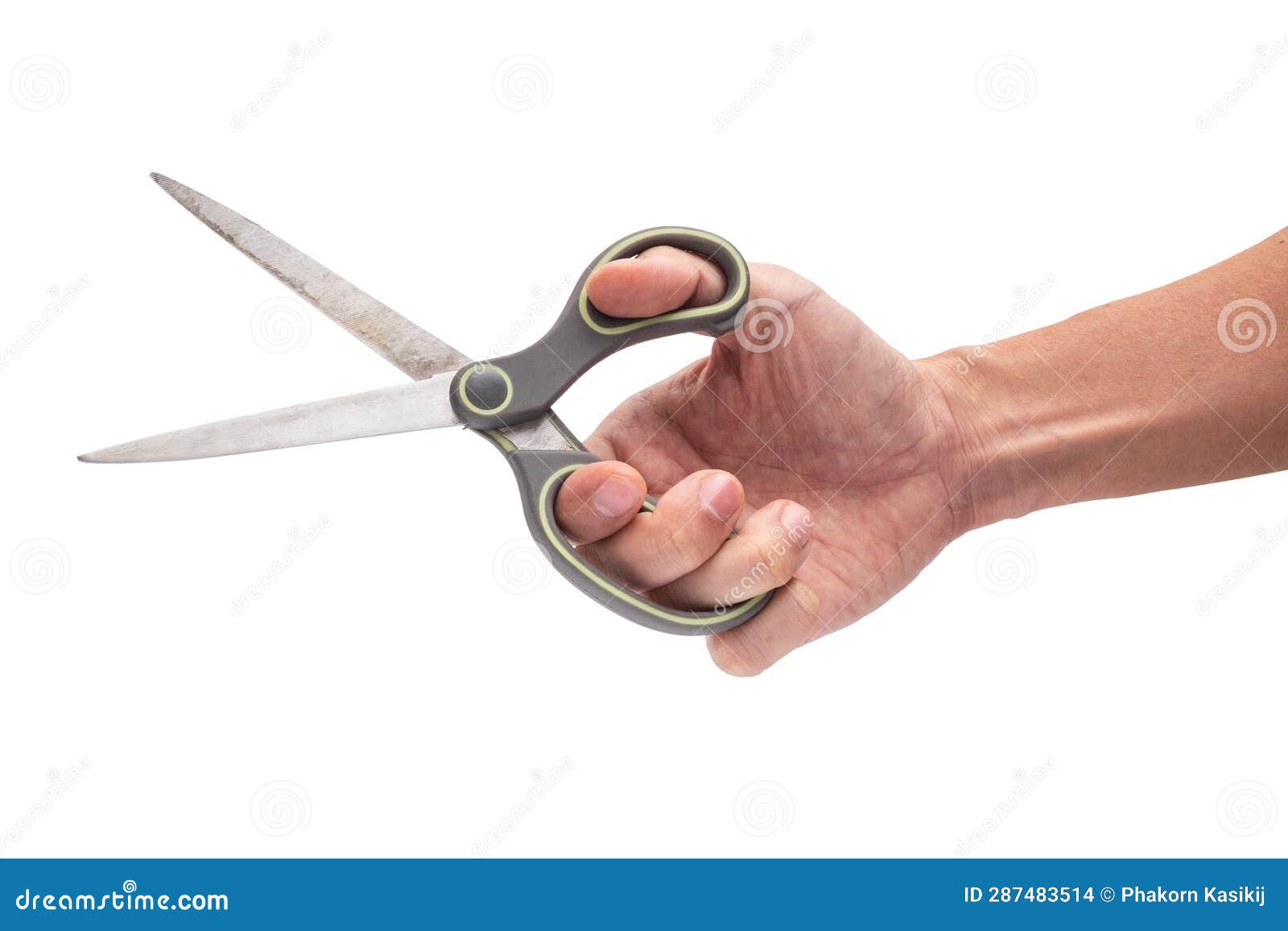 Man Holding Sharp Scissor on His Hand for Cutting on ISolated White