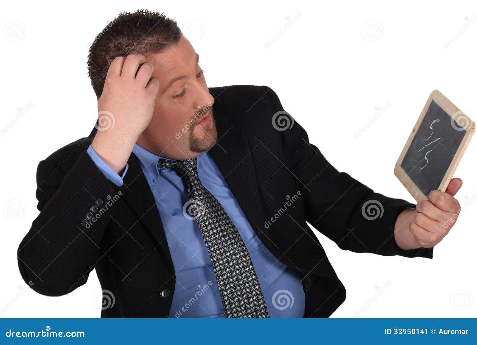 Man holding slate isolated. Man holding a slate isolated on white background