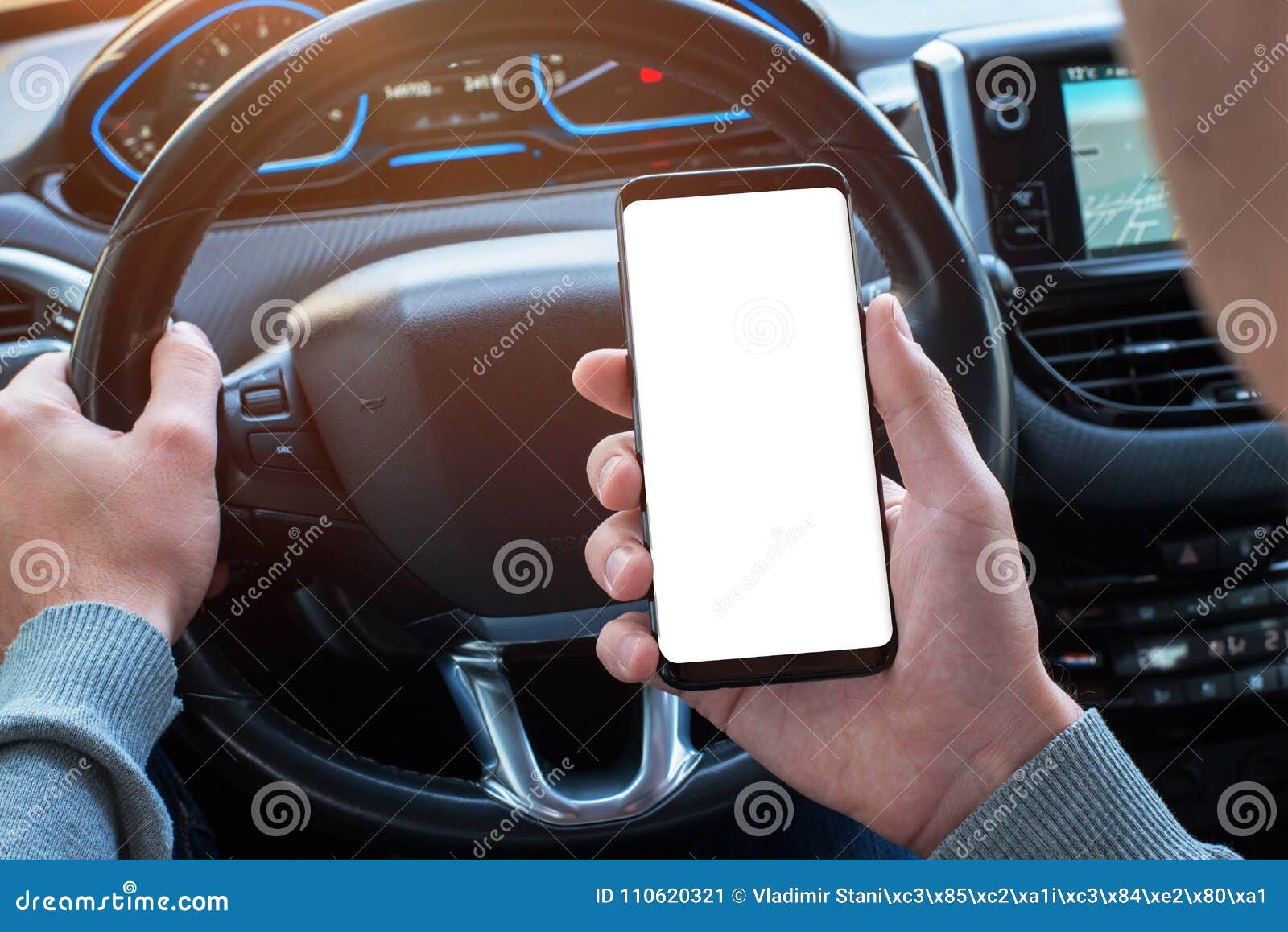 Download Man Holding Smartphone In Car With Isolated White Display For Mockup App Or Web Site Design Promotion Stock Image Image Of Mockup Promotion 110620321