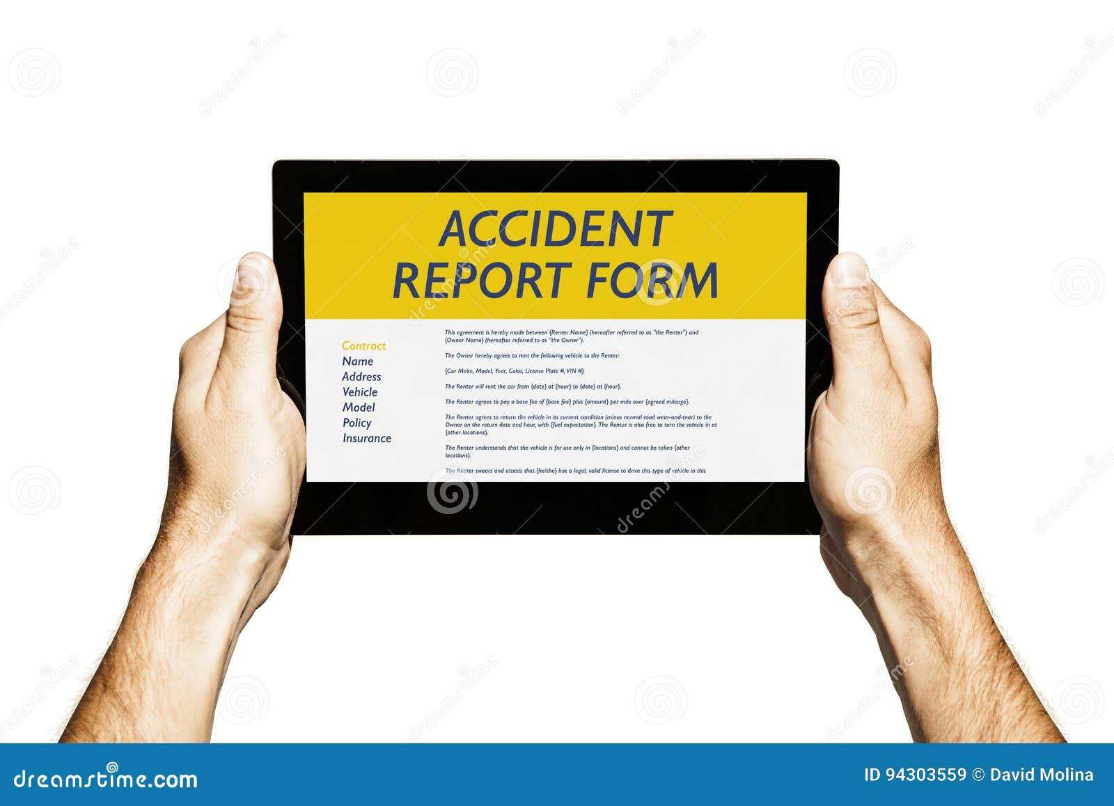 Man Holding a Tablet with Electronic Accident Report Form in the Stock