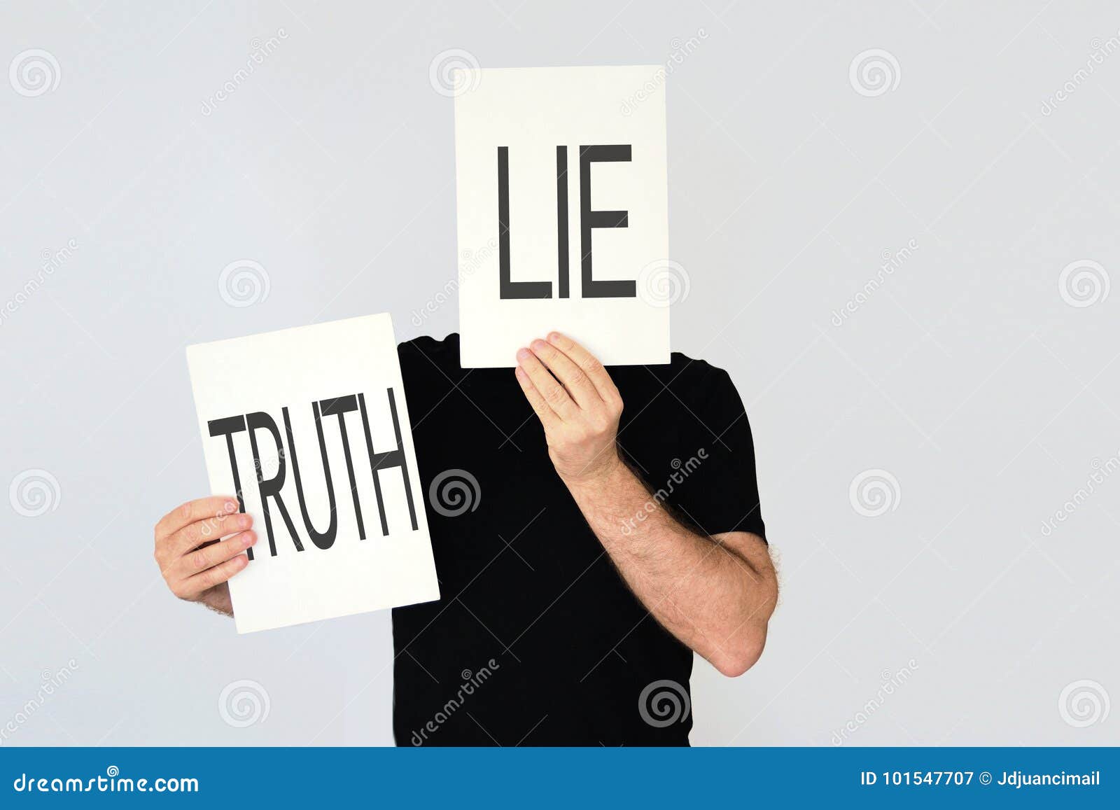man holding two cards with the words lie and truth