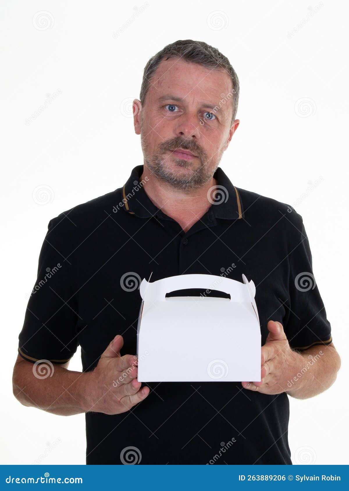 Man Holding White Mockup Box Bakery for Pastry Cupcakes on White