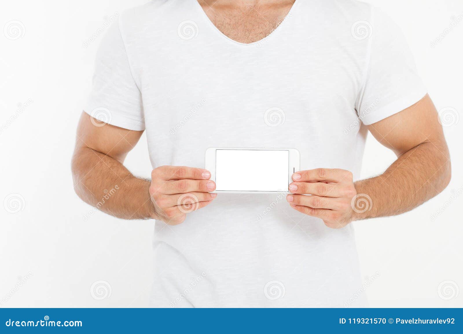 man holding white phone. cellular  on white clipping path inside. top view.mock up.copy space.template.blank.