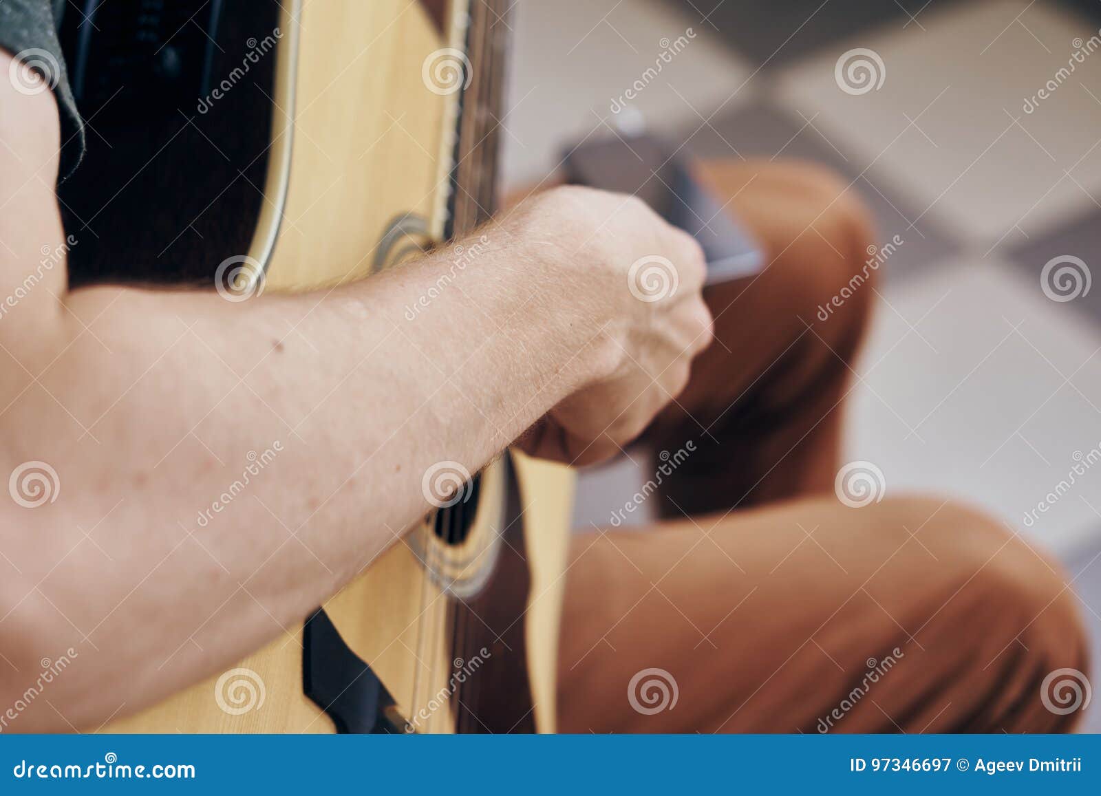 Man Holds a Guitar, Musical Instruments, Music, Notes, Strings Stock