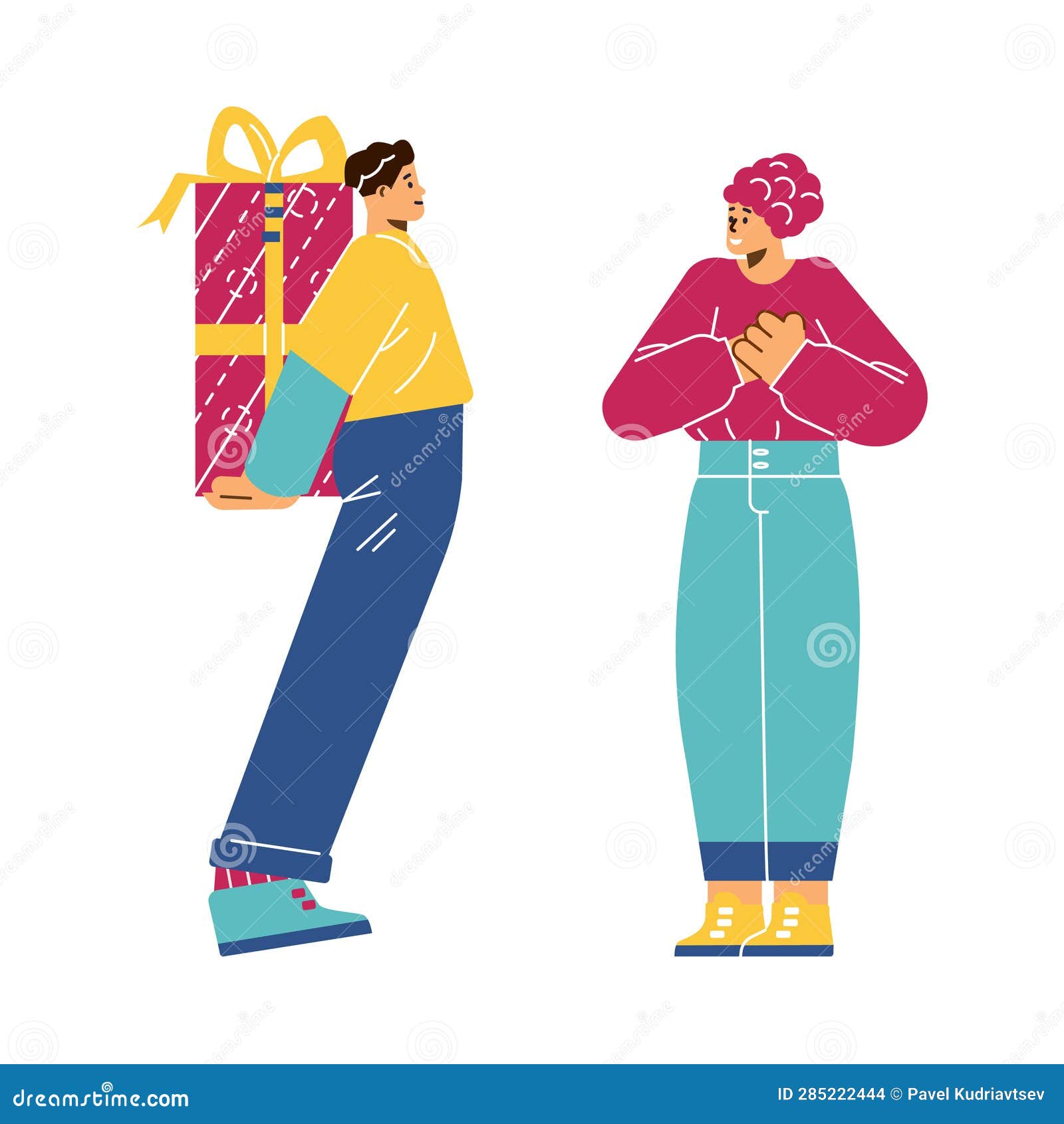 Man Holds Large T Box Behind His Back Is Going To Give Woman Cartoon Vector Holiday
