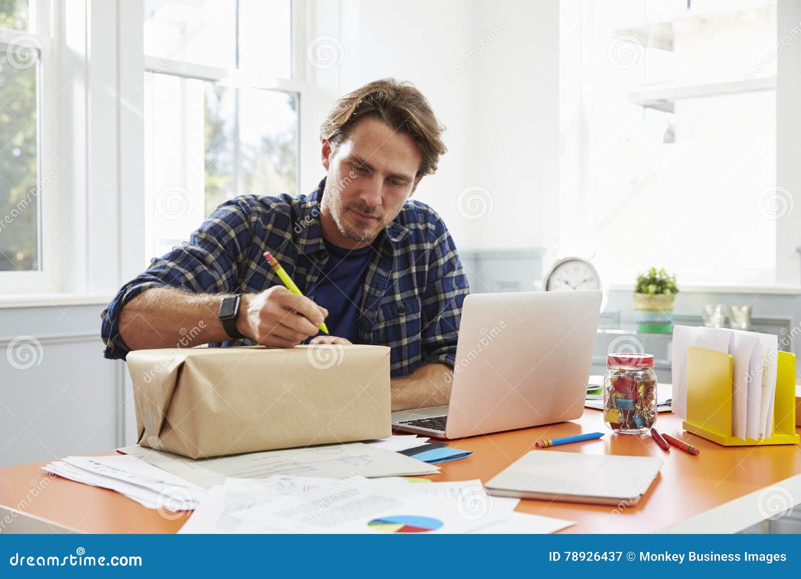 Man at Home Addressing Package for Mailing Stock Image Image of male, start 78926437