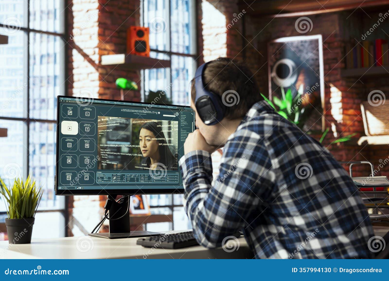 man in home office listening music and using generative ai gpt