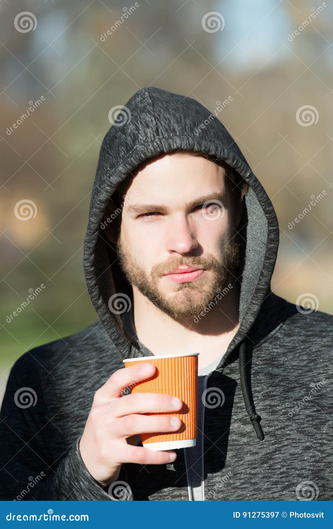 Man in Hoodie with Paper Coffee, Tea Cup Stock Image - Image of fighter ...