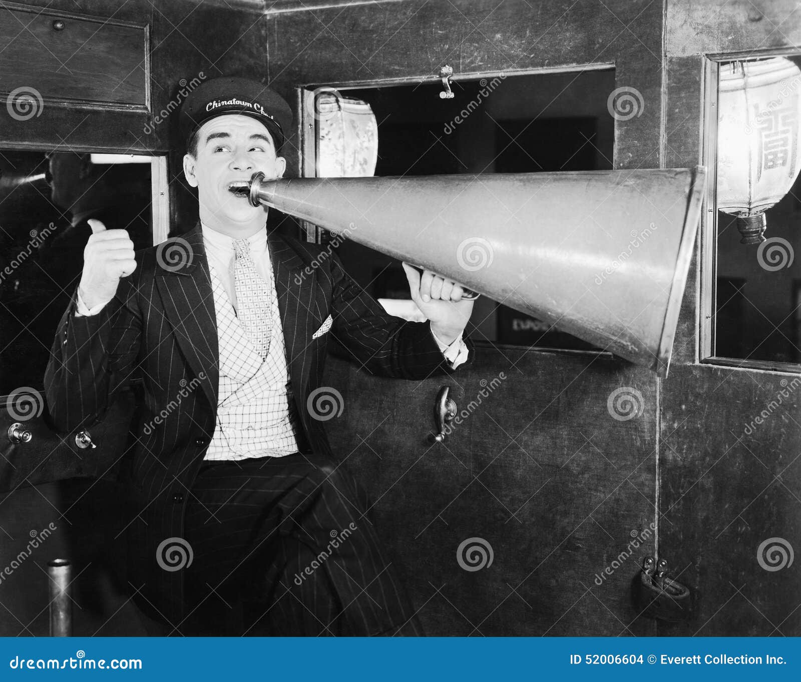 Man with huge megaphone stock photo. Image of announce 52006604
