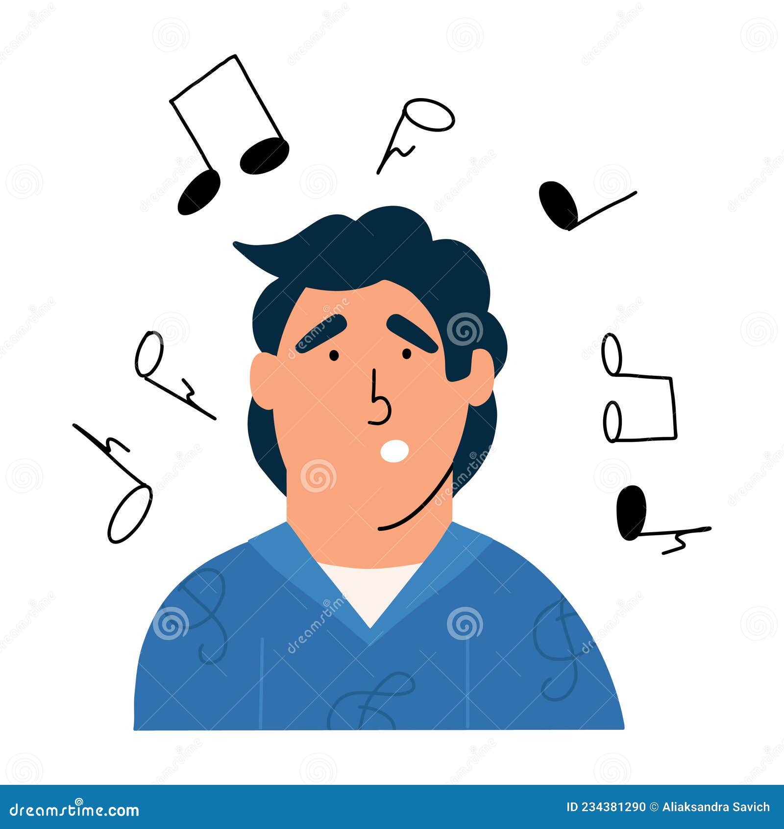 The Man Hums a Melody. Obsessive Music in the Head. Vector Illustration