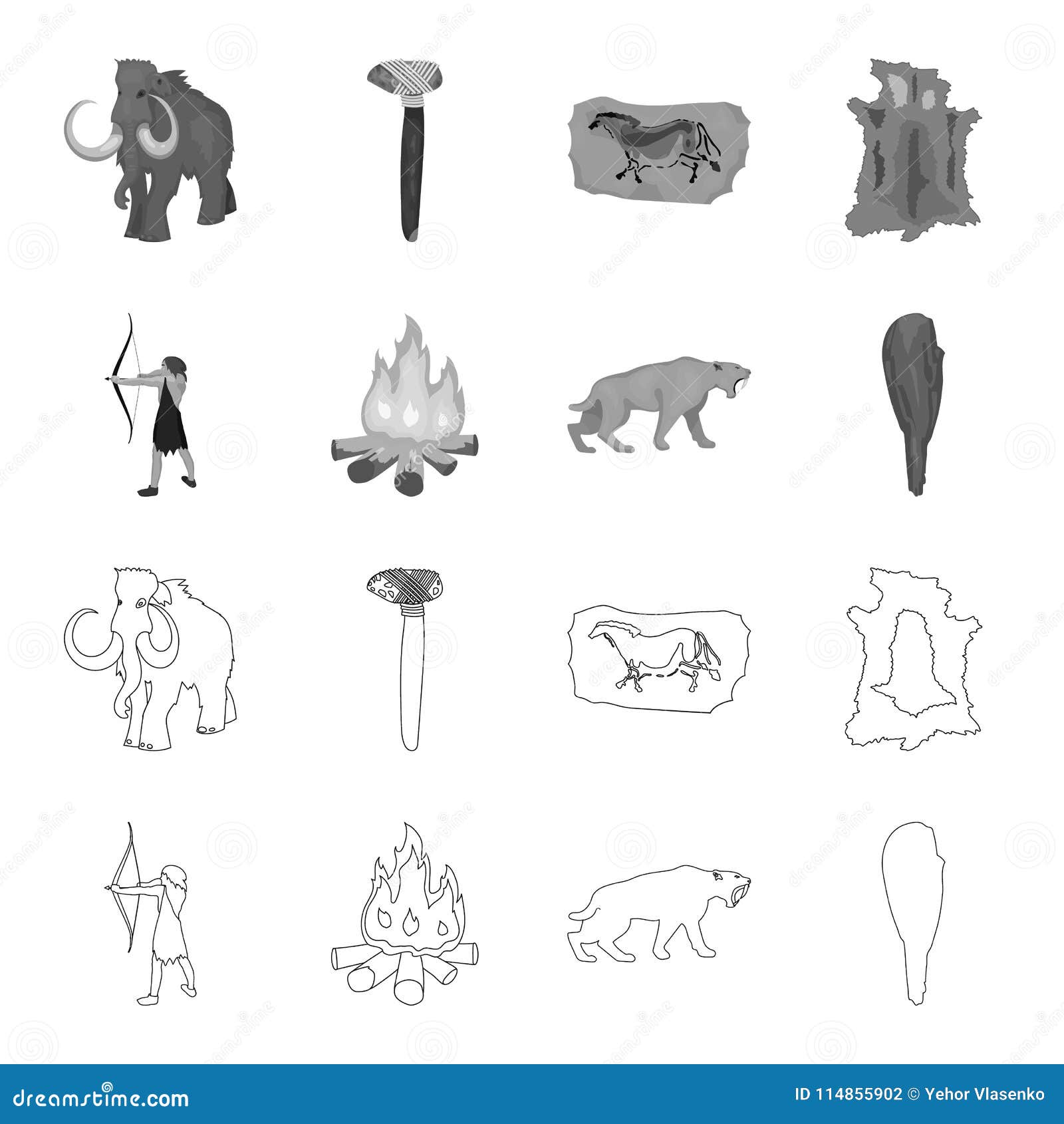 man, hunter, onion, bonfire .stone age set collection icons in outline,monochrome style   stock 